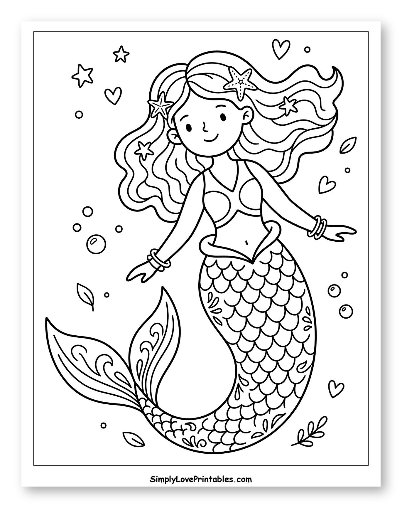 Cute Mermaid with Starfish and Decorated Tail Coloring Sheet for Adults