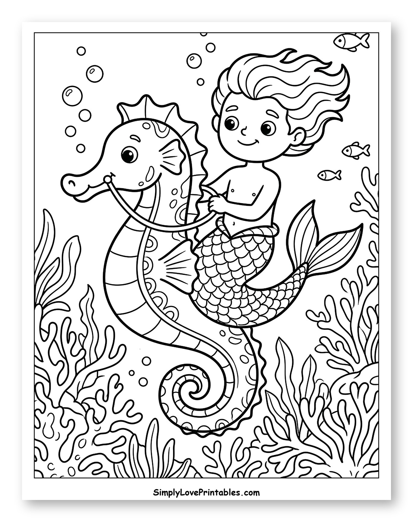 Cute Merman Riding a Seahorse Underwater