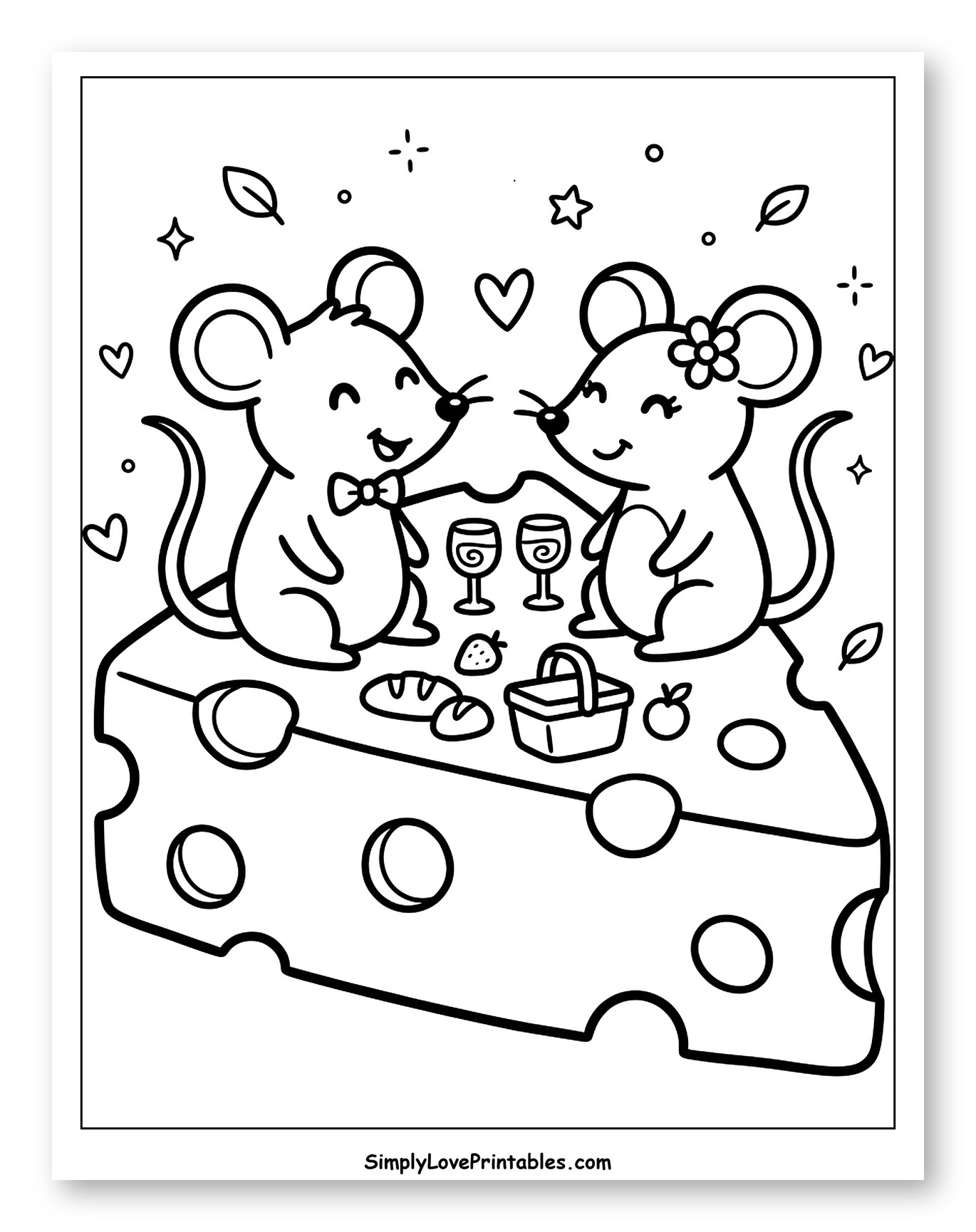 Cute Mice Picnic on a Cheese Wedge to Color for Adults