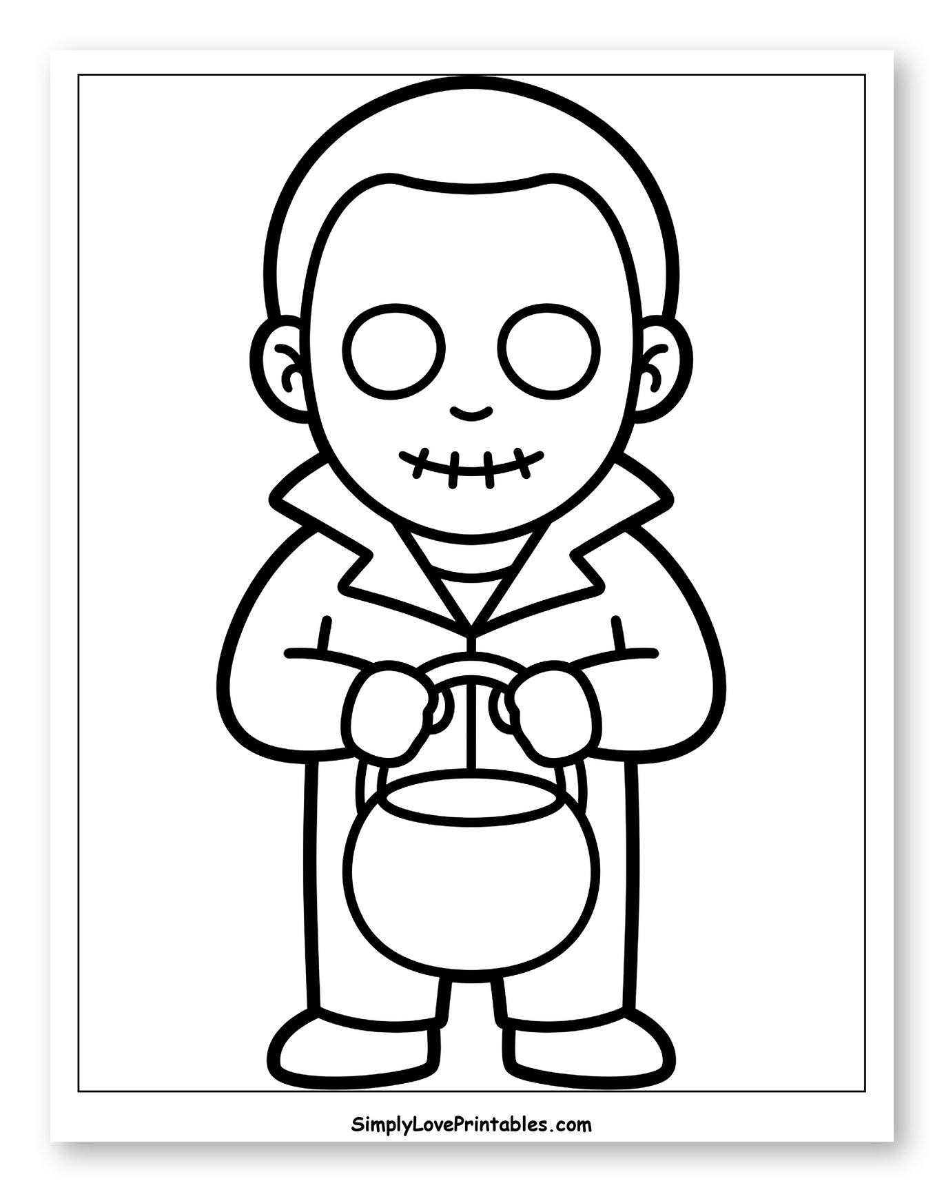 Cute Michael Myers Holding Trick-or-Treat Bucket Coloring Page for Toddlers
