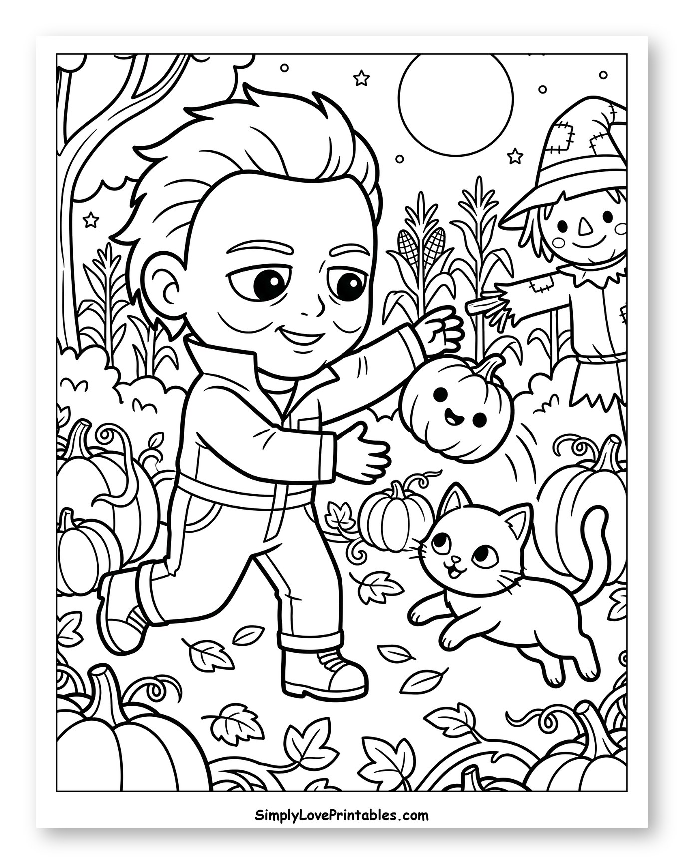 Cute Michael Myers Inspired Boy with Cat and Pumpkins