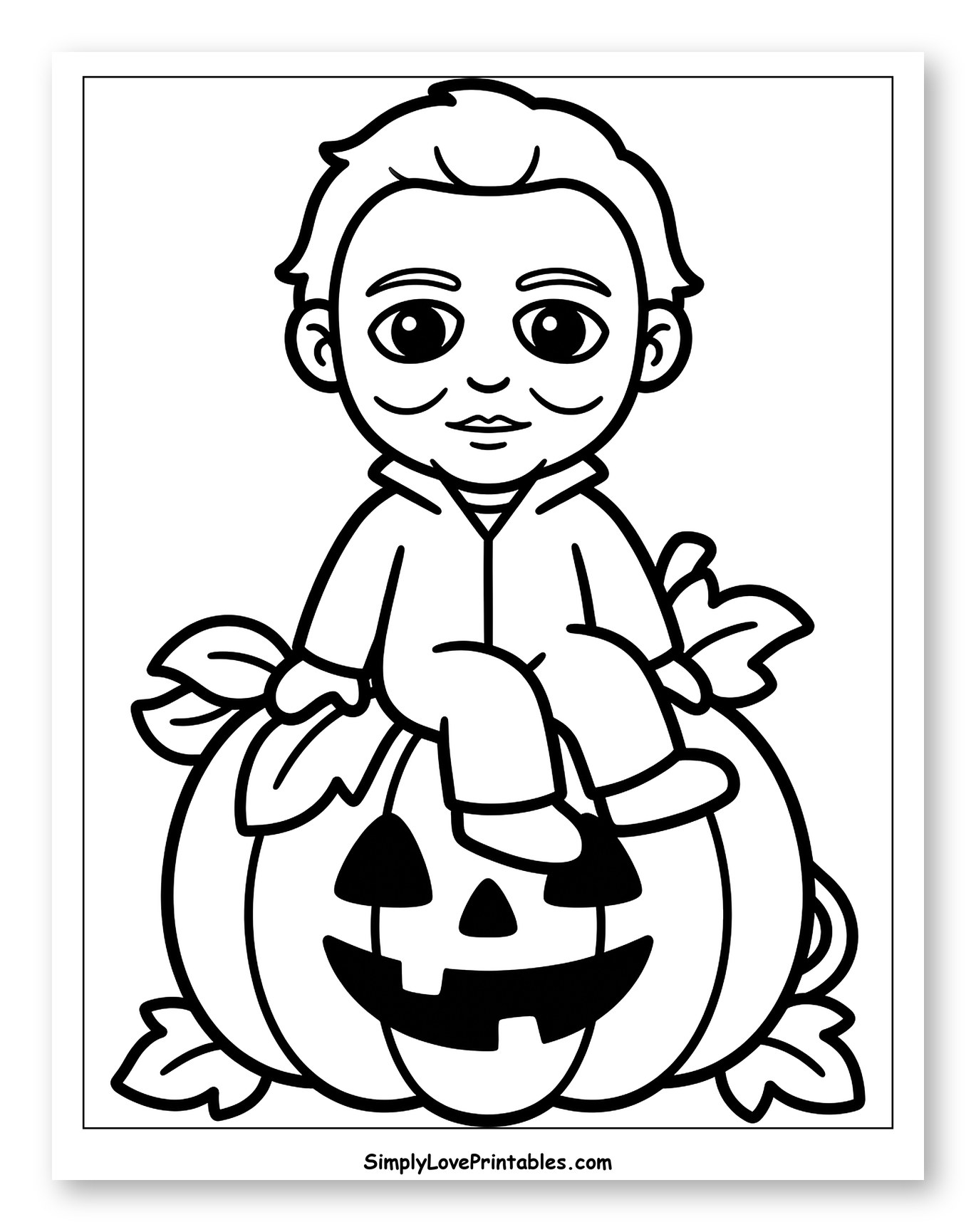 Cute Michael Myers Sitting on a Jack-o'-Lantern Coloring Sheet for Toddlers