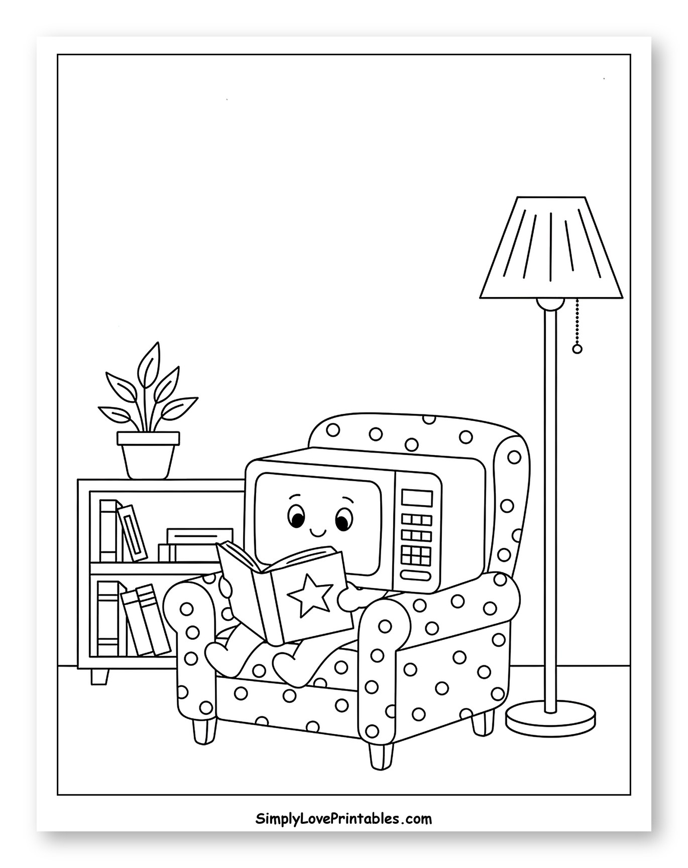 Cute Microwave Reading Book in Armchair Coloring Page for Kids