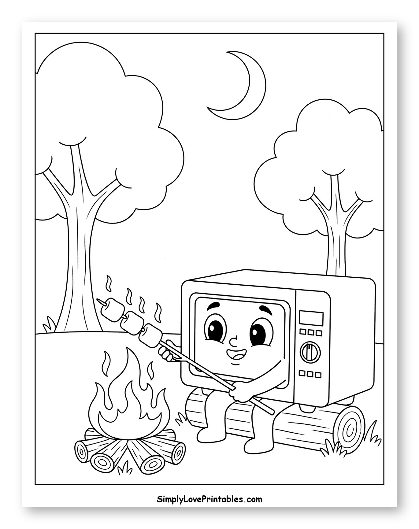 Cute Microwave Roasting Marshmallows Over Campfire Coloring Page for Kids