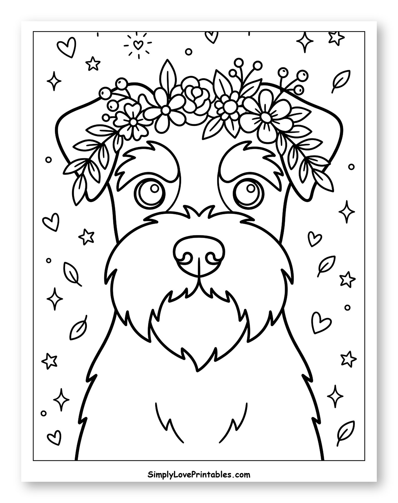 Cute Miniature Schnauzer Wearing Flower Crown Coloring Sheet for Adults