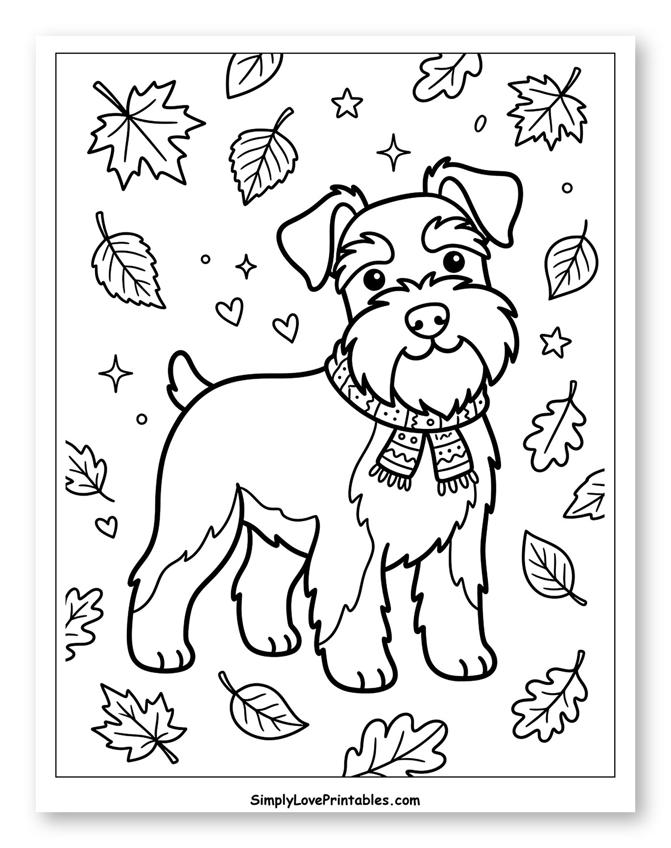 Cute Miniature Schnauzer with Autumn Leaves Coloring Sheet for Adults