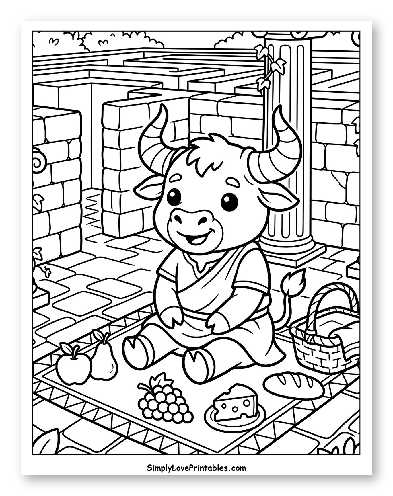 Cute Minotaur Picnic in a Labyrinth