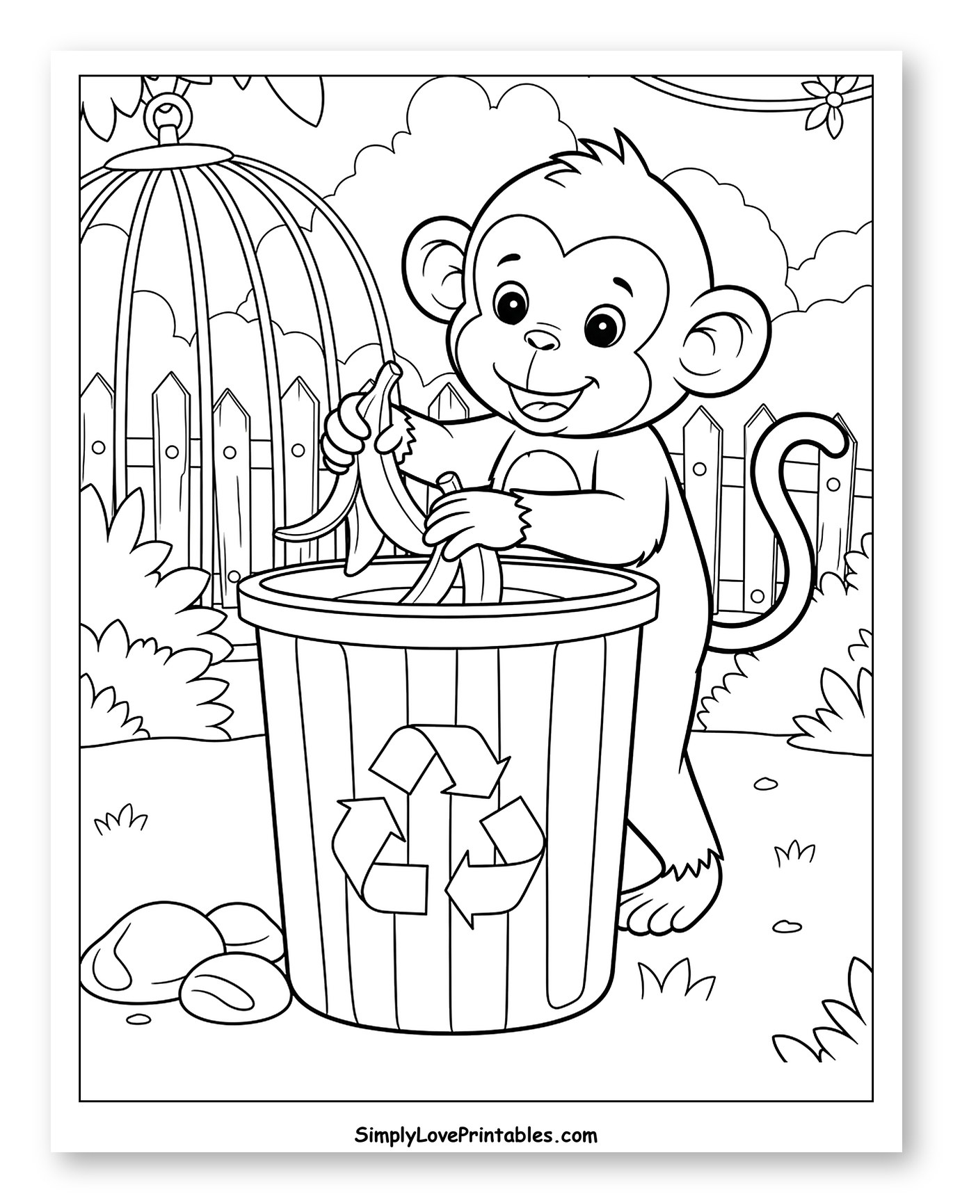 Cute Monkey Recycling Banana Peel into Bin to Color for Kids