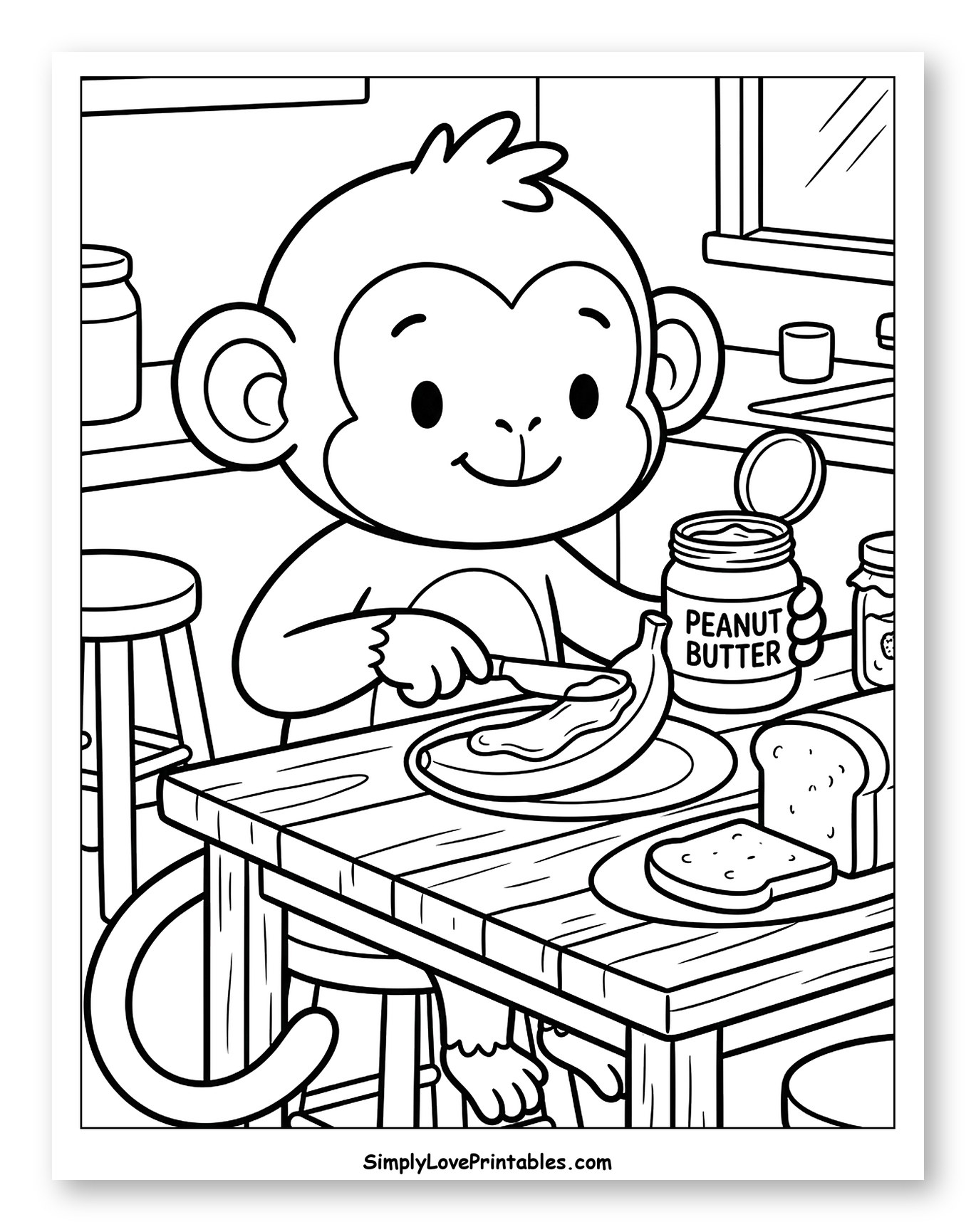Cute Monkey Spreading Peanut Butter on Banana