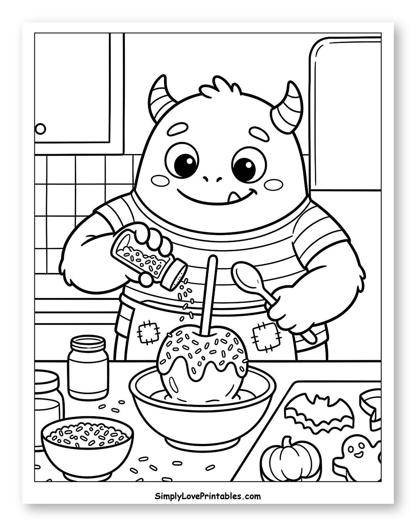 Cute Monster Decorating a Halloween Candy Apple