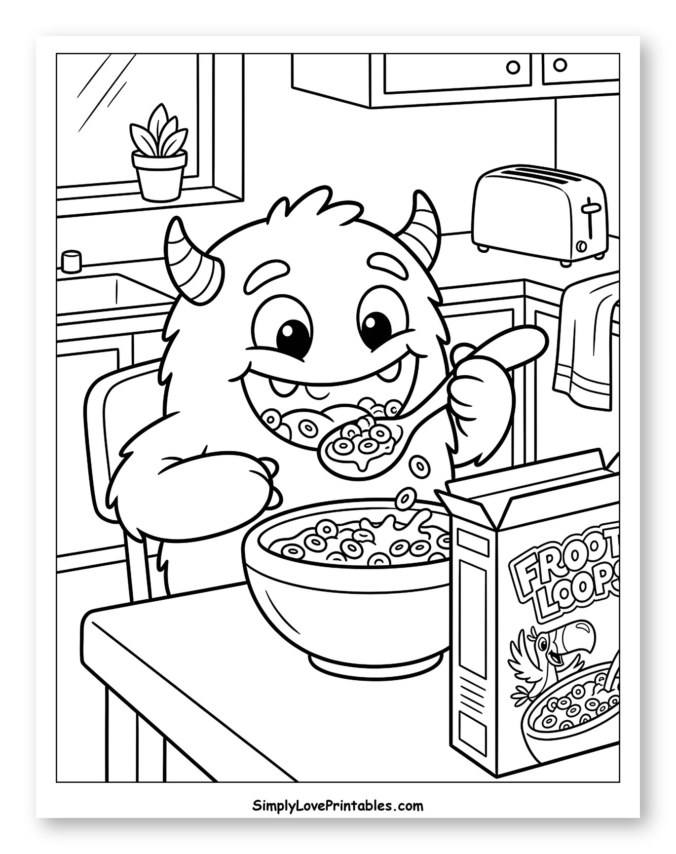 Cute Monster Eating a Bowl of Cereal to Color for Kids