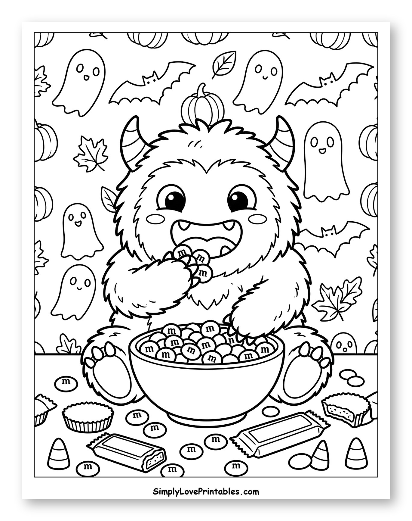 Cute Monster Eating Halloween Candy to Color for Kids