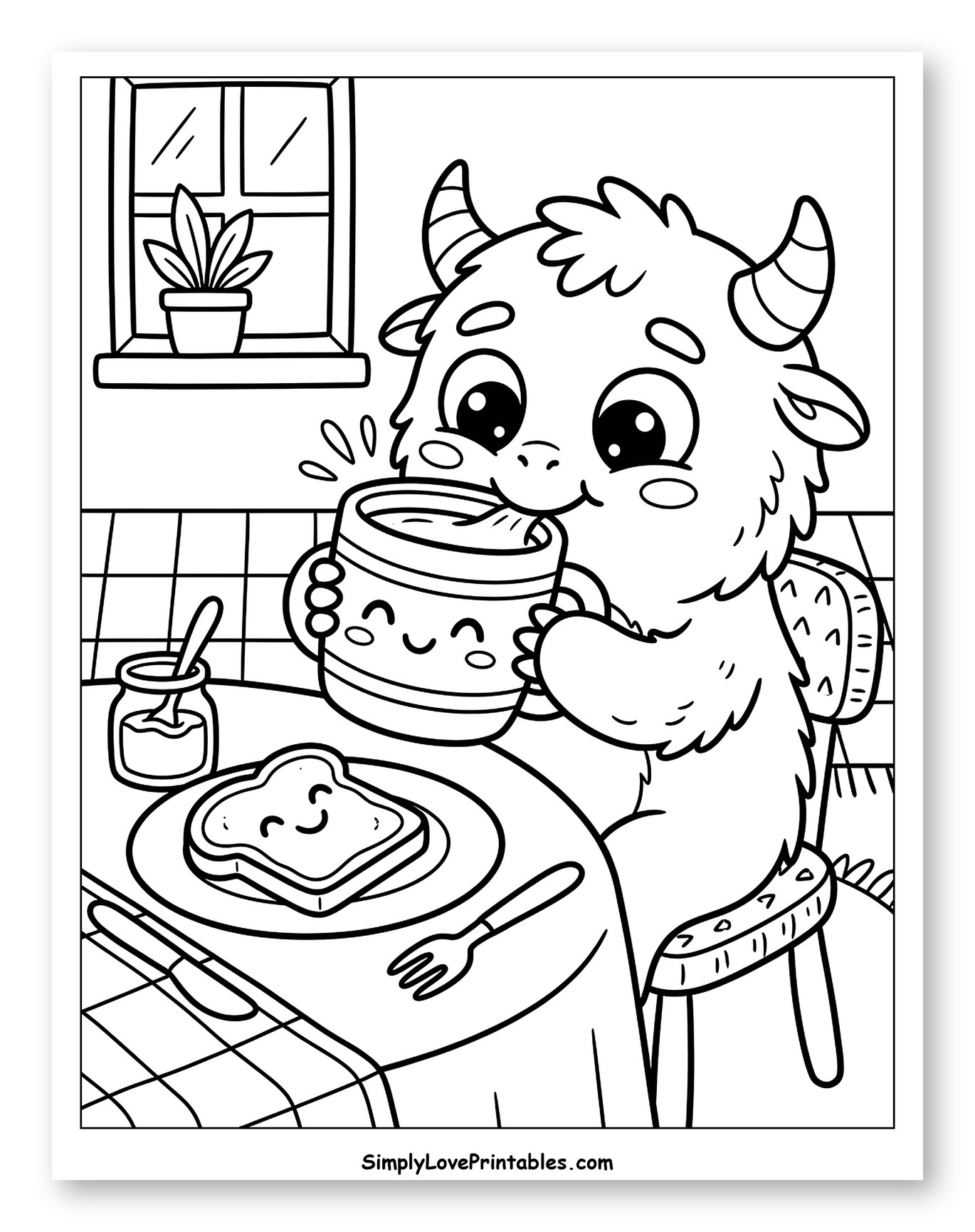 Cute Monster Enjoying Breakfast with Toast Coloring Page for Kids