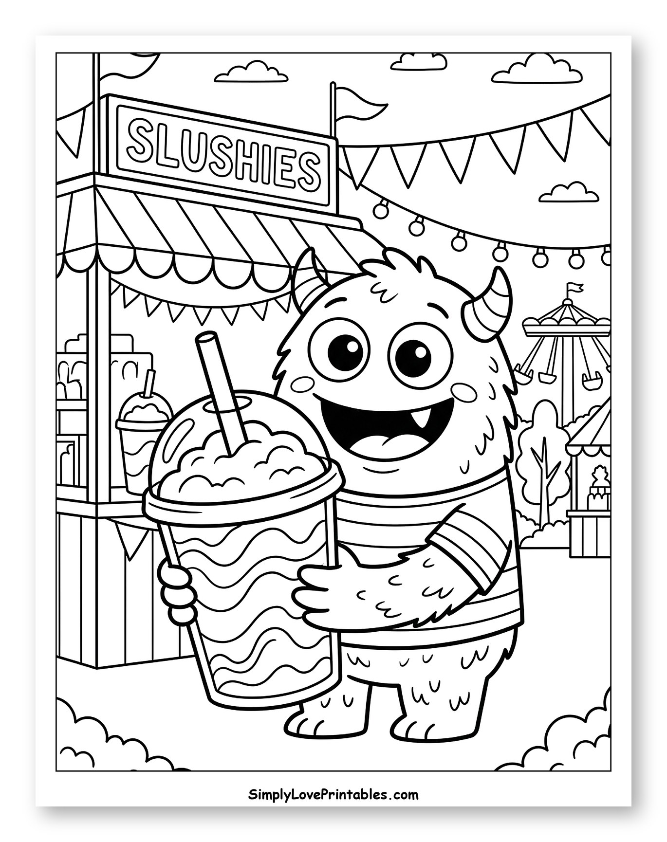 Cute Monster Holding a Slushie at a Carnival Coloring Page for Kids
