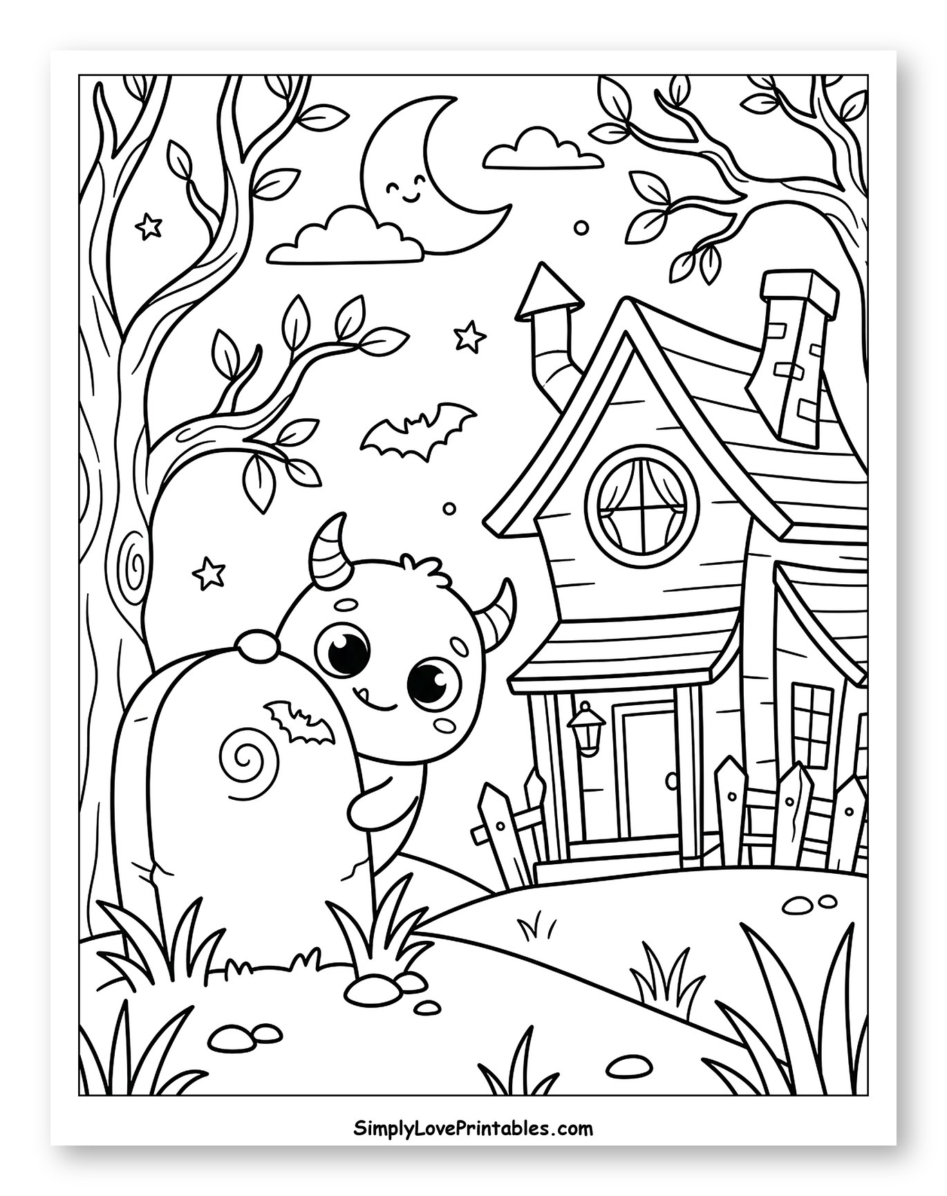 Cute Monster Peeking by a Haunted House