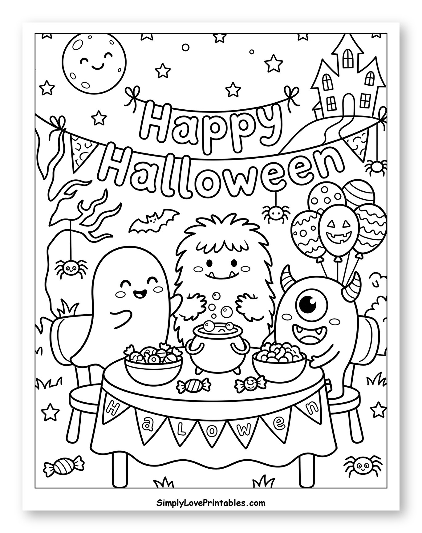 Cute Monsters Having a Halloween Party to Color for Kids