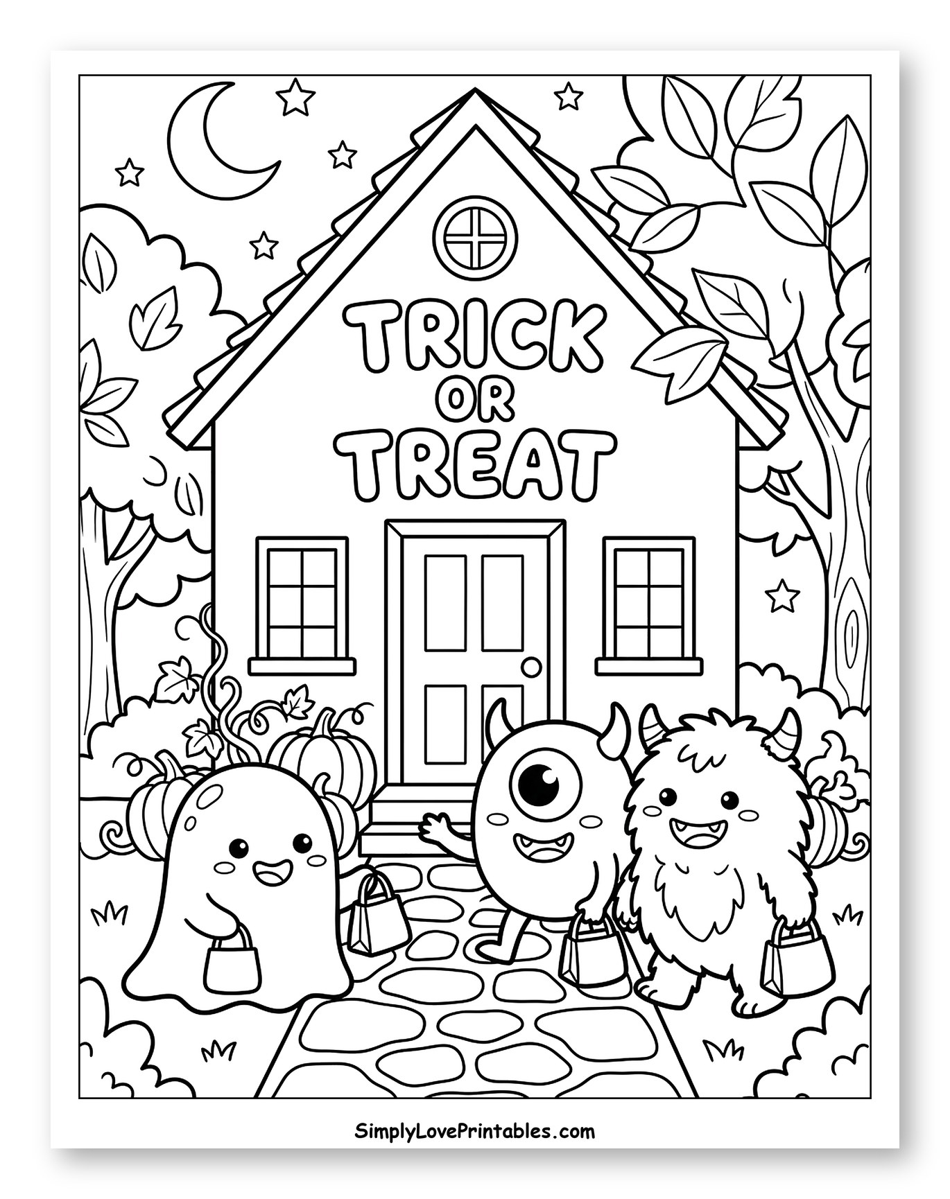 Cute Monsters Trick or Treating at a House