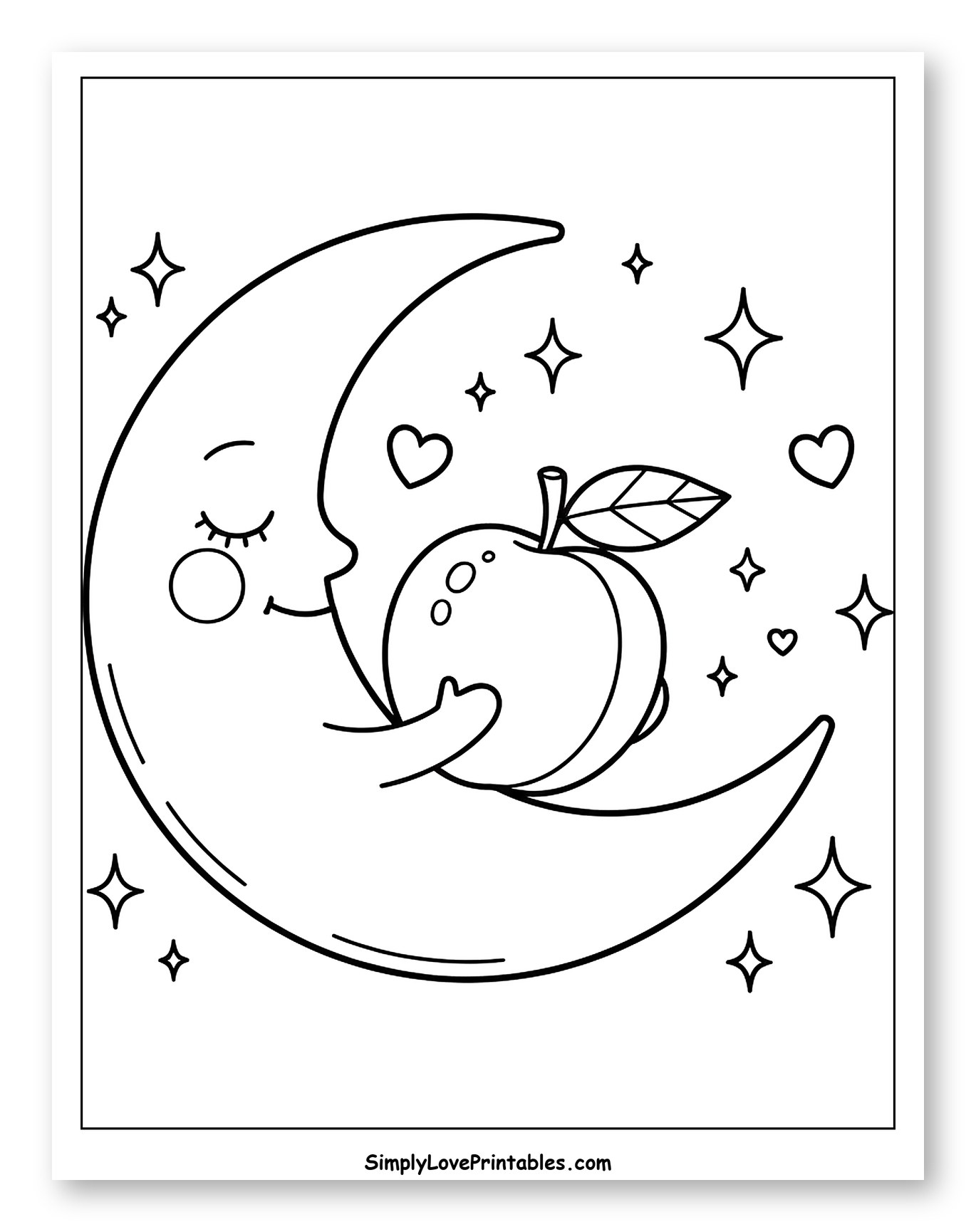 Cute Moon Cradling a Sweet Apricot to Color for Adults