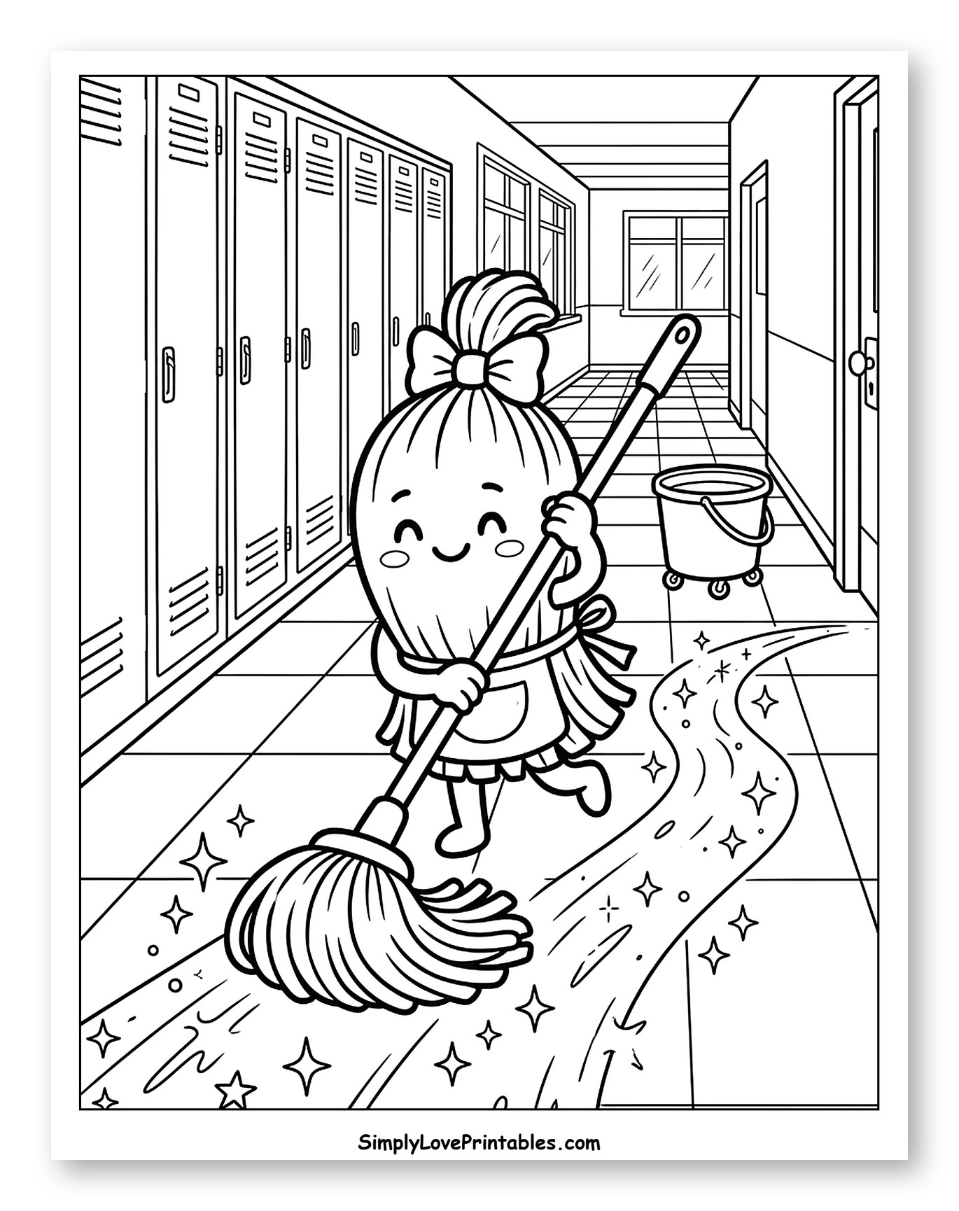 Cute Mop Cleaning a School Hallway