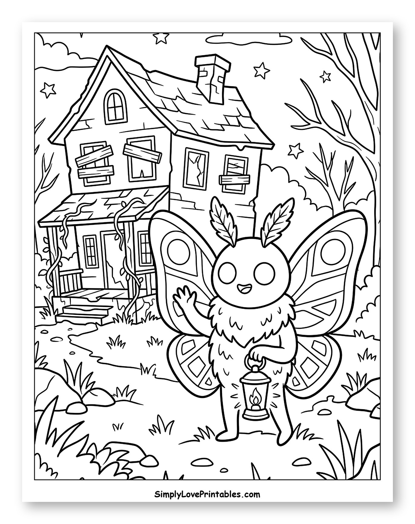 Cute Moth Holding Lantern by an Old House Coloring Sheet for Kids