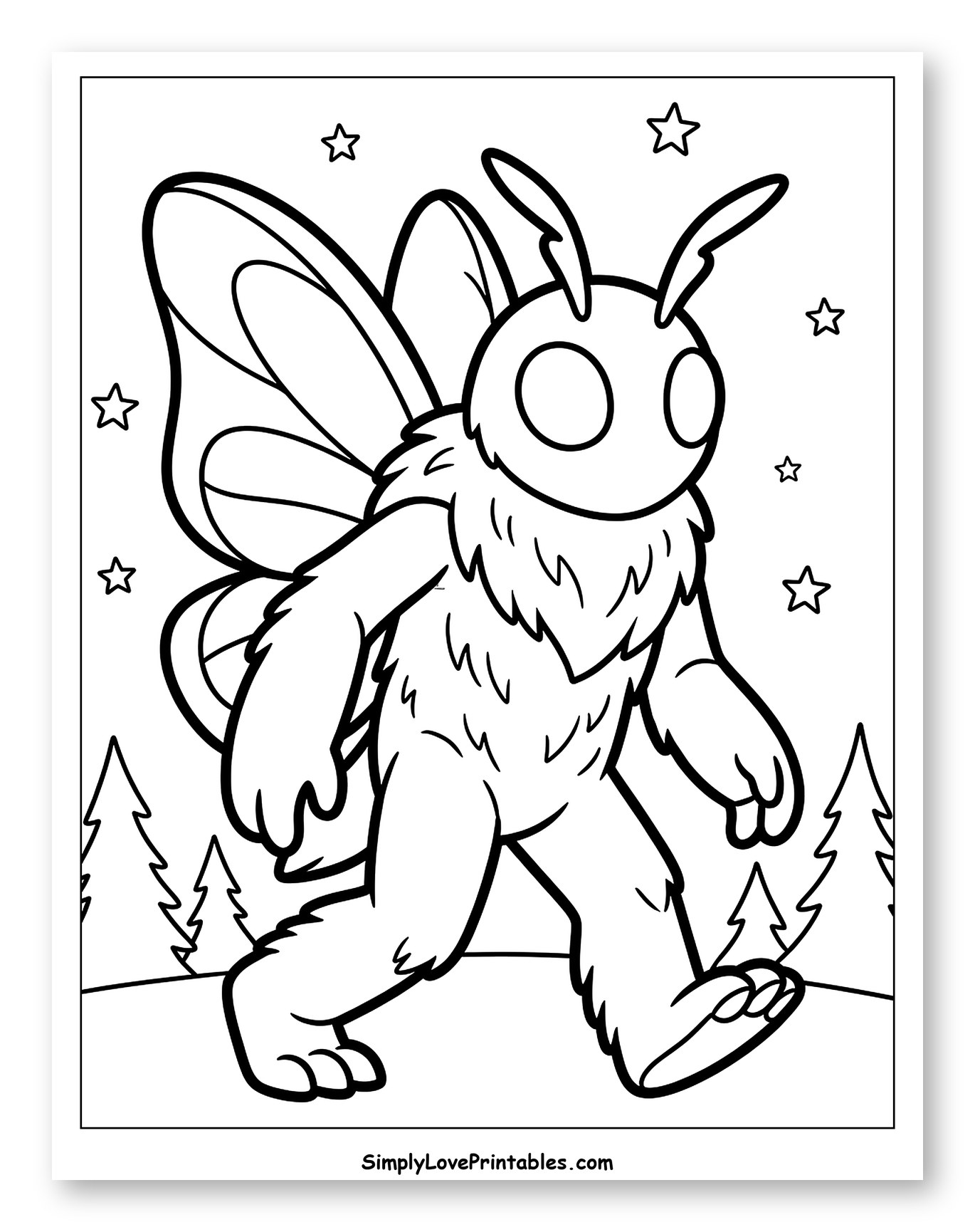 Cute Mothman Walking Through Winter Forest to Color for Toddlers