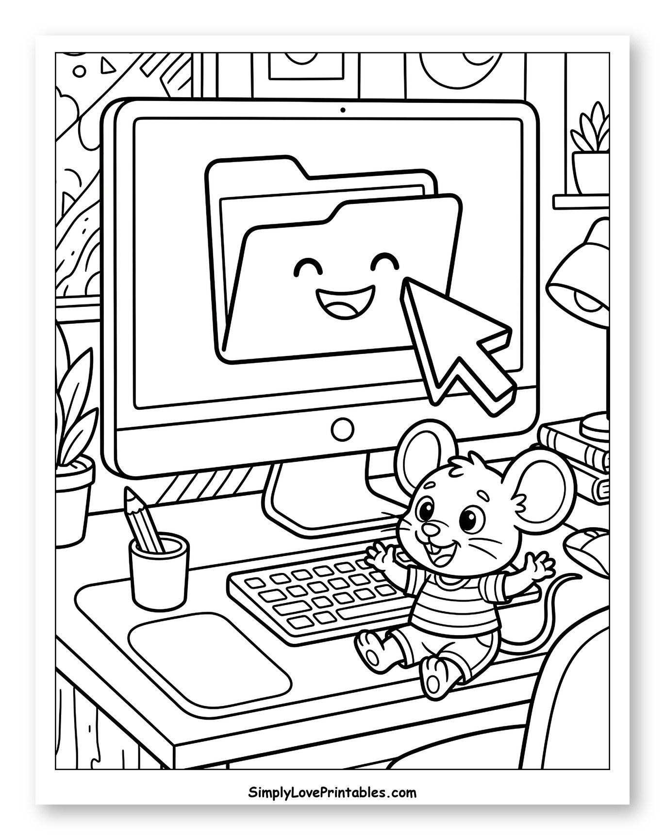 Cute Mouse at Computer with Happy Folder