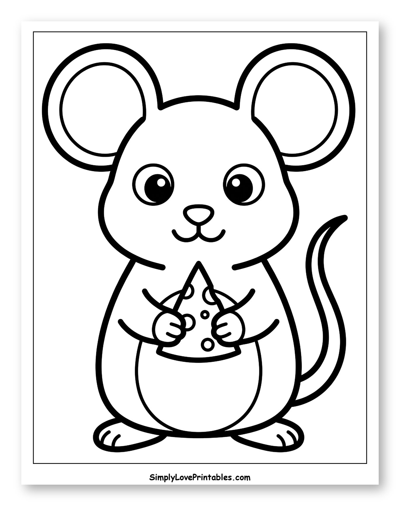 Cute Mouse Holding a Slice of Cheese Coloring Page for Toddlers