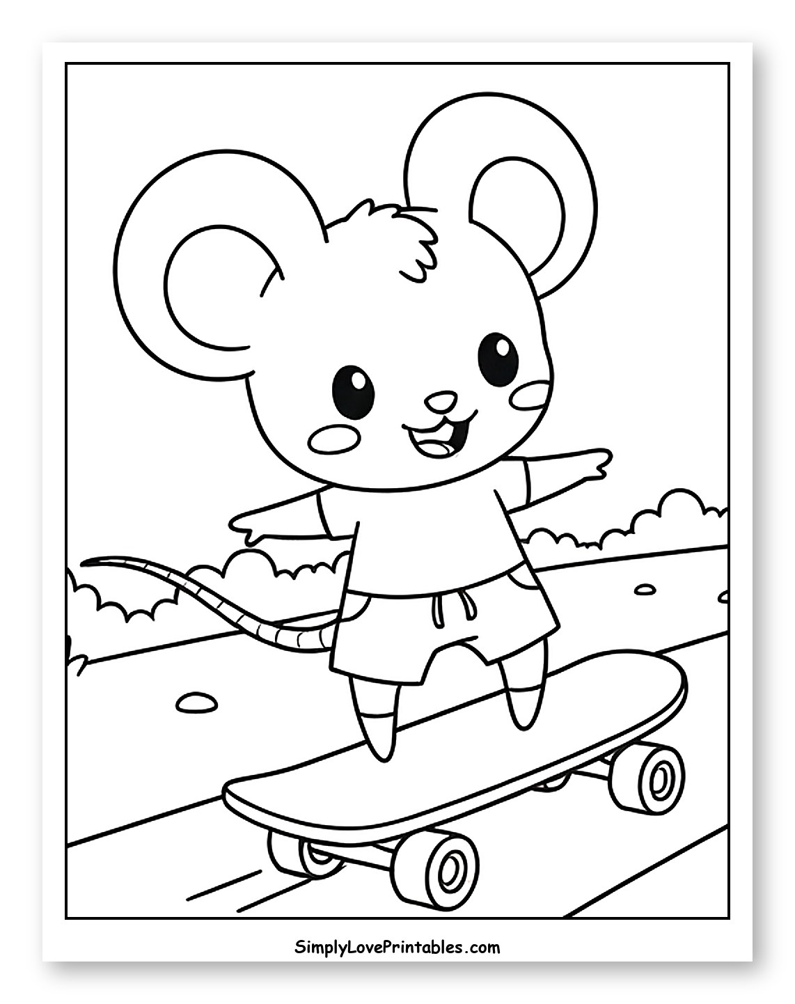 Cute Mouse Skateboarding on a Path Coloring Sheet for Kids