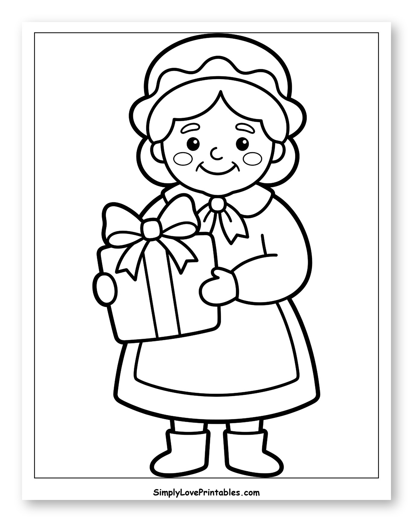 Cute Mrs. Claus Holding a Christmas Present to Color for Toddlers