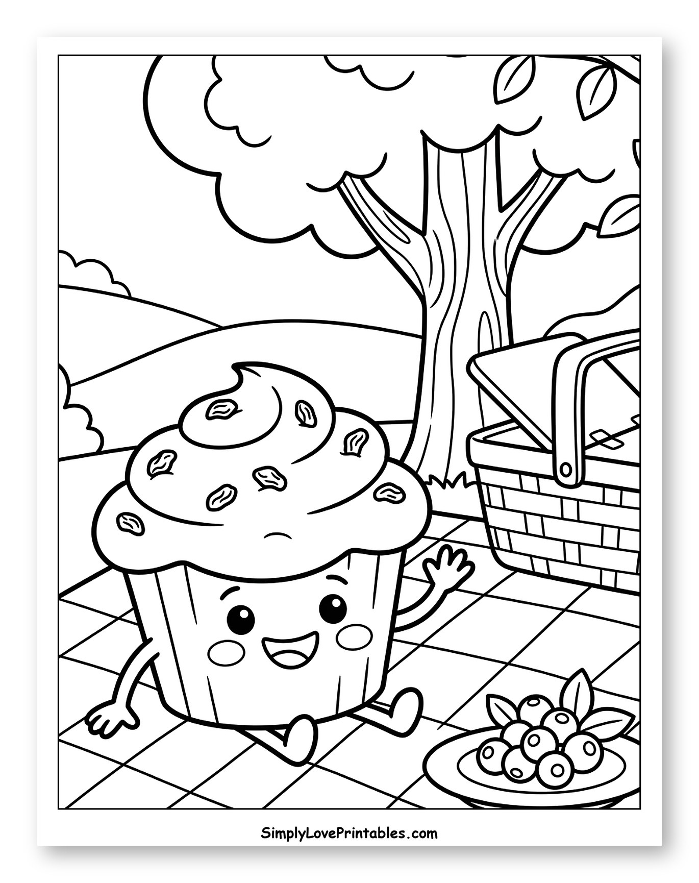Cute Muffin Having a Picnic in the Park Coloring Page for Kids
