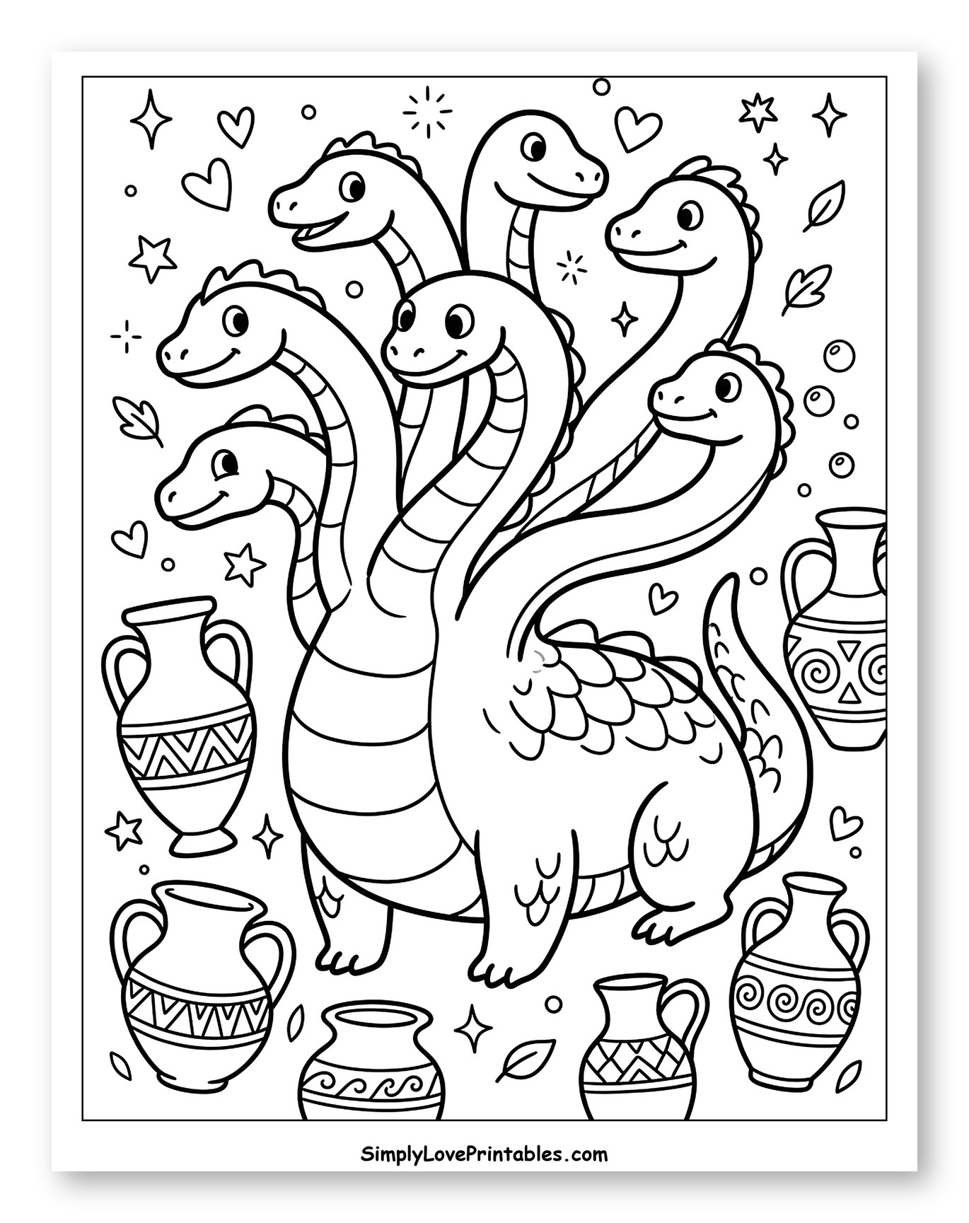 Cute Multi-Headed Hydra with Greek Vases to Color for Adults