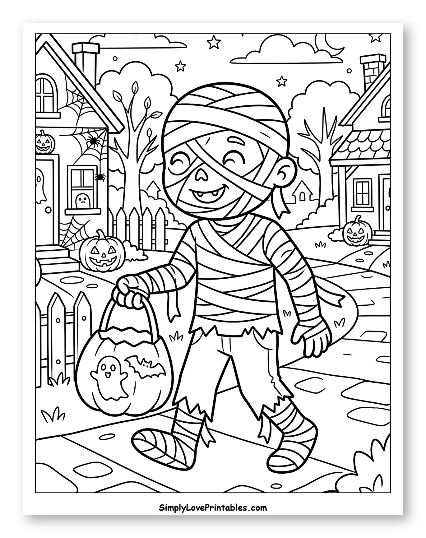 Cute Mummy Child on Halloween Night Coloring Page for Kids