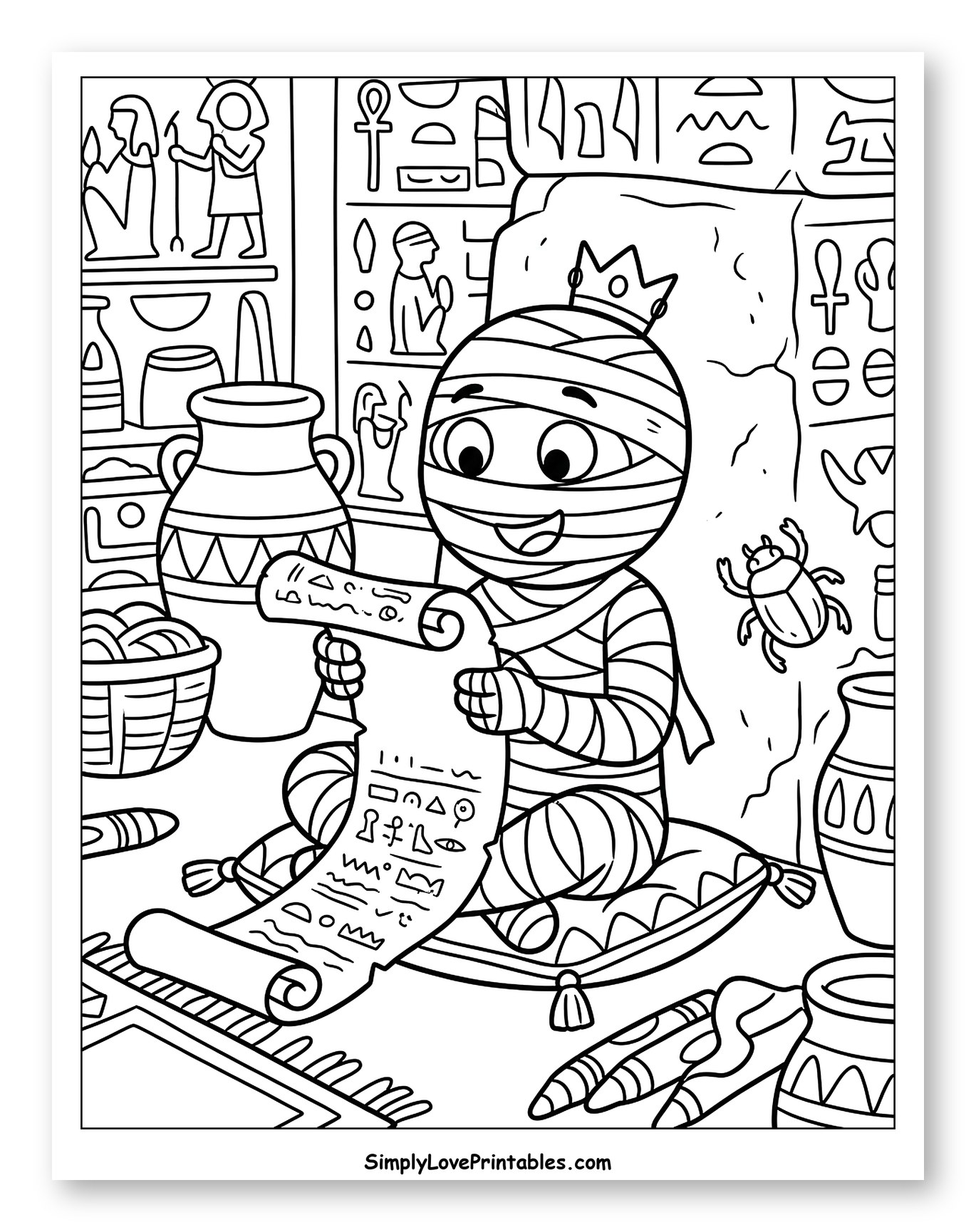 Cute Mummy King Reading a Hieroglyphic Scroll