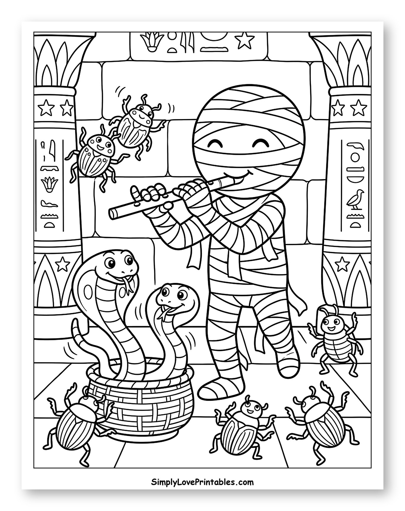 Cute Mummy Playing Flute with Dancing Scarabs