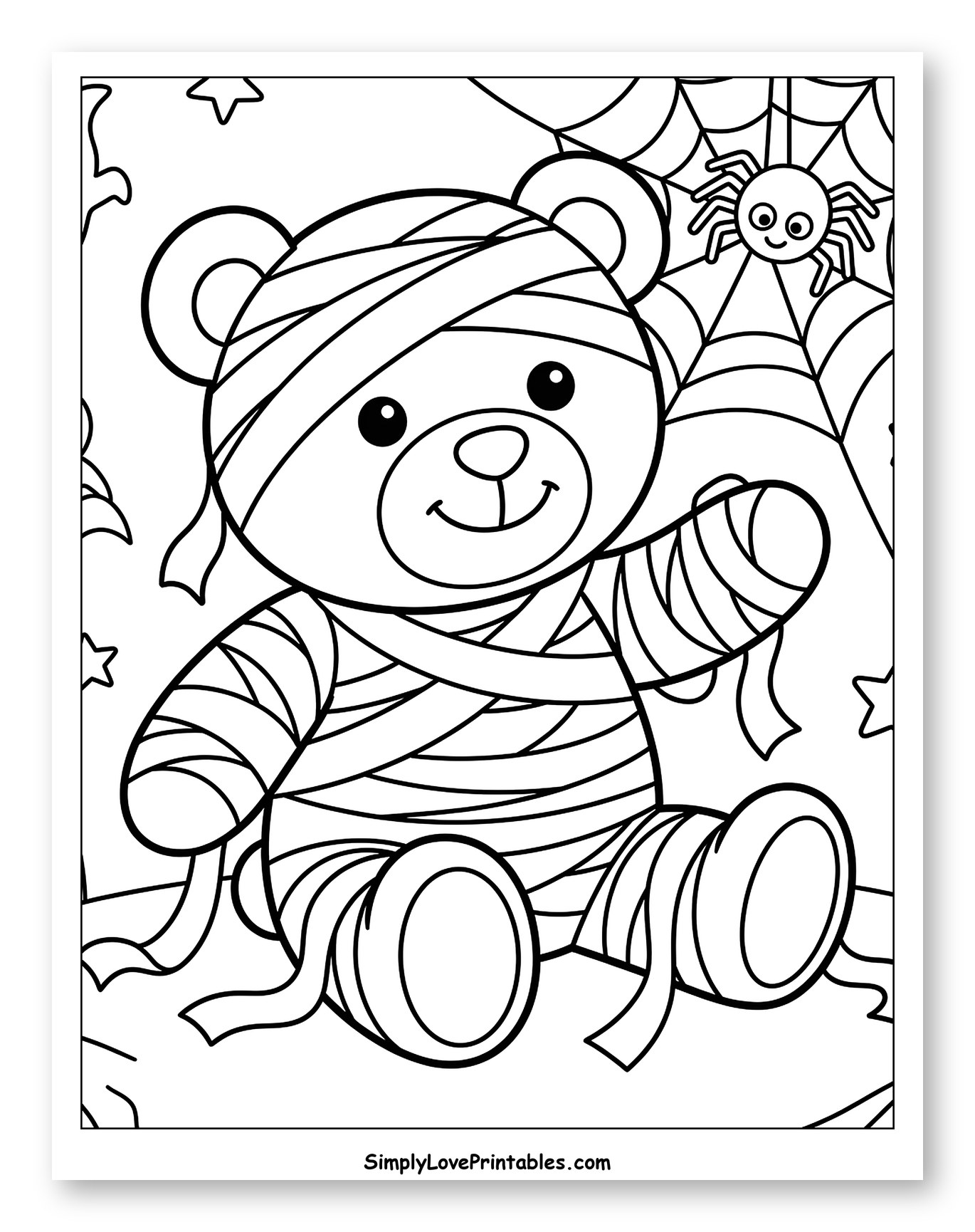 Cute Mummy Teddy Bear and Friendly Spiderweb Coloring Sheet for Kids