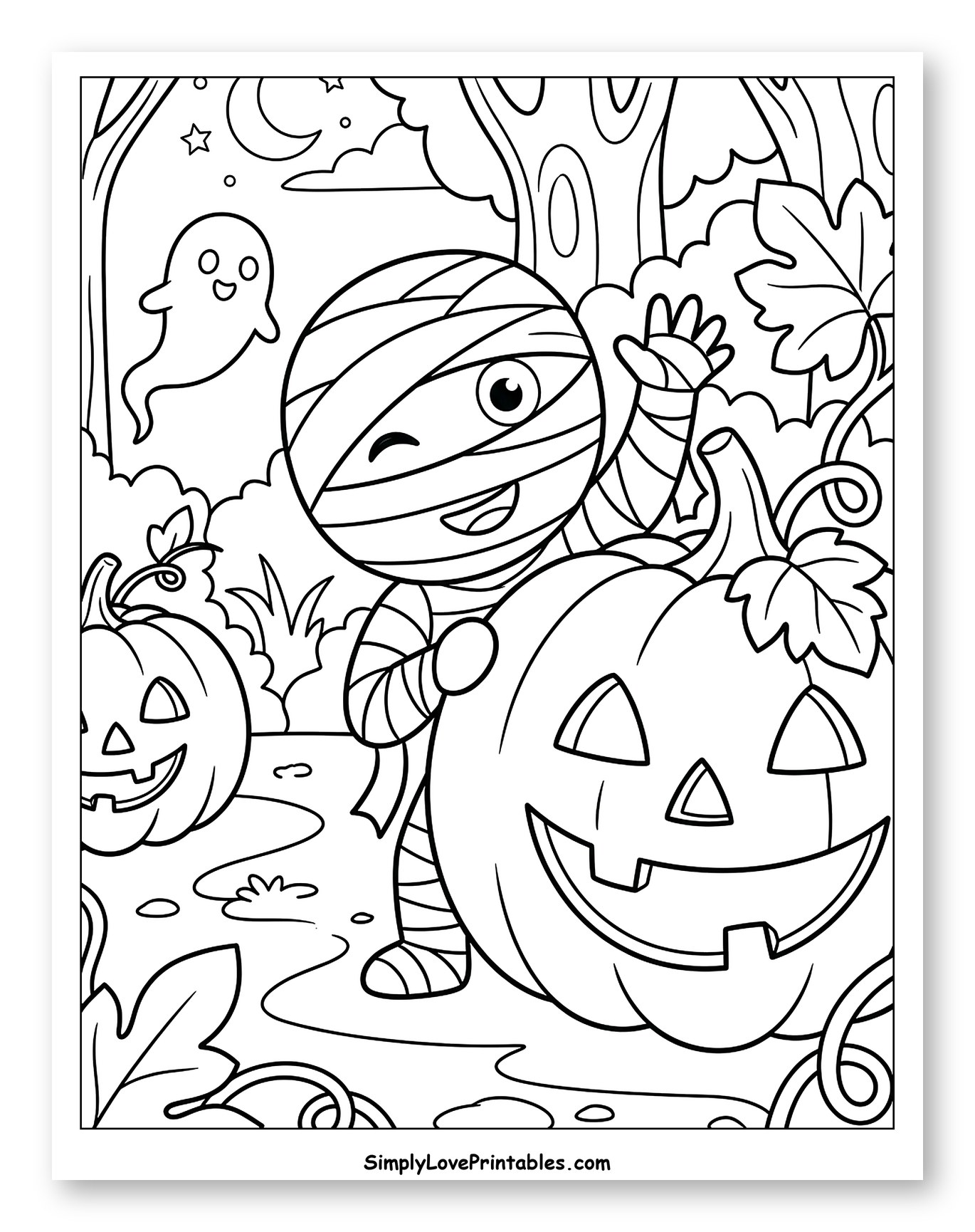 Cute Mummy with Jack-o'-Lanterns and Friendly Ghost
