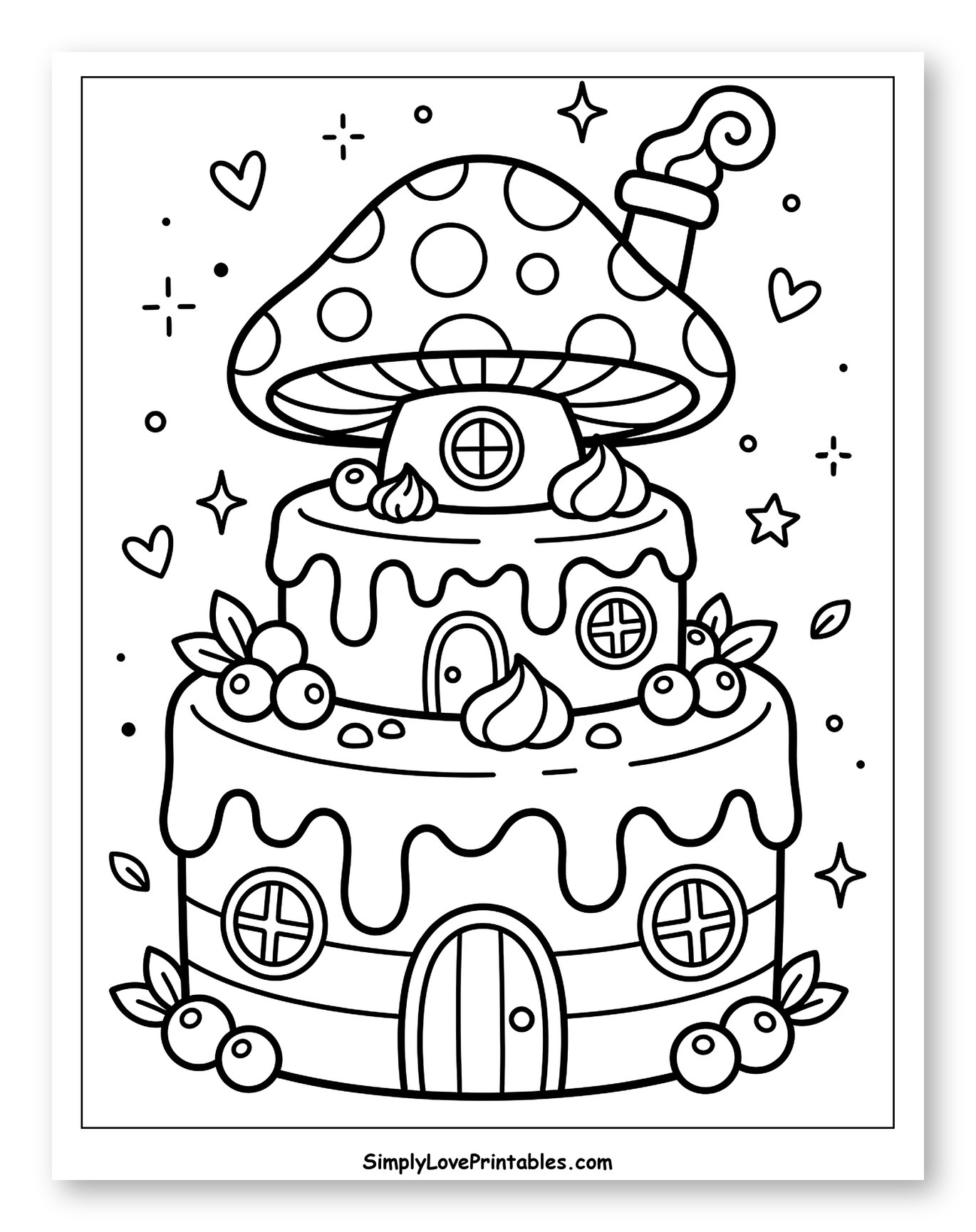 Cute Mushroom House Cake with Berries Coloring Page for Adults