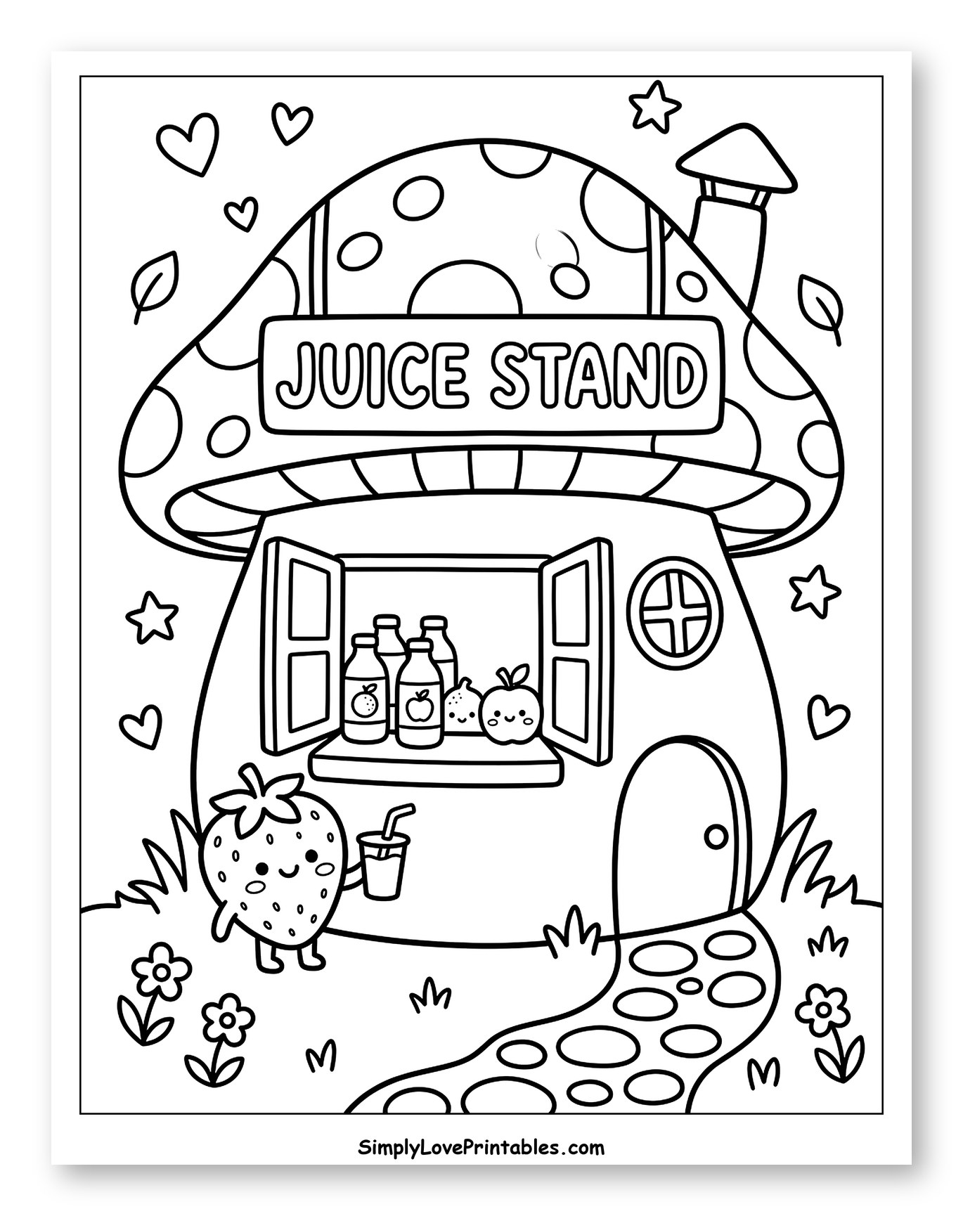 Cute Mushroom Juice Stand with Strawberry Coloring Sheet for Adults