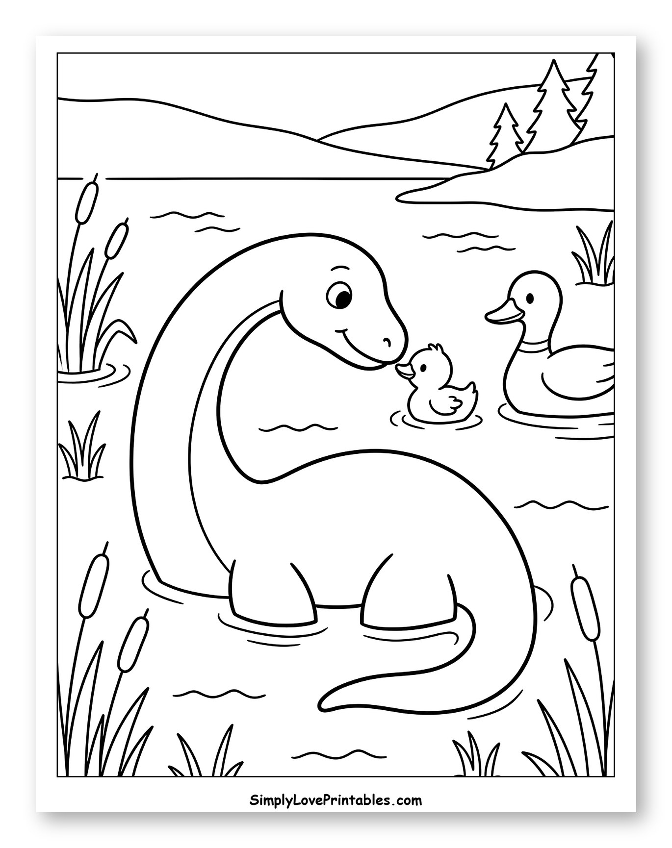 Cute Nessie Befriends Ducks in a Lake Coloring Page for Kids