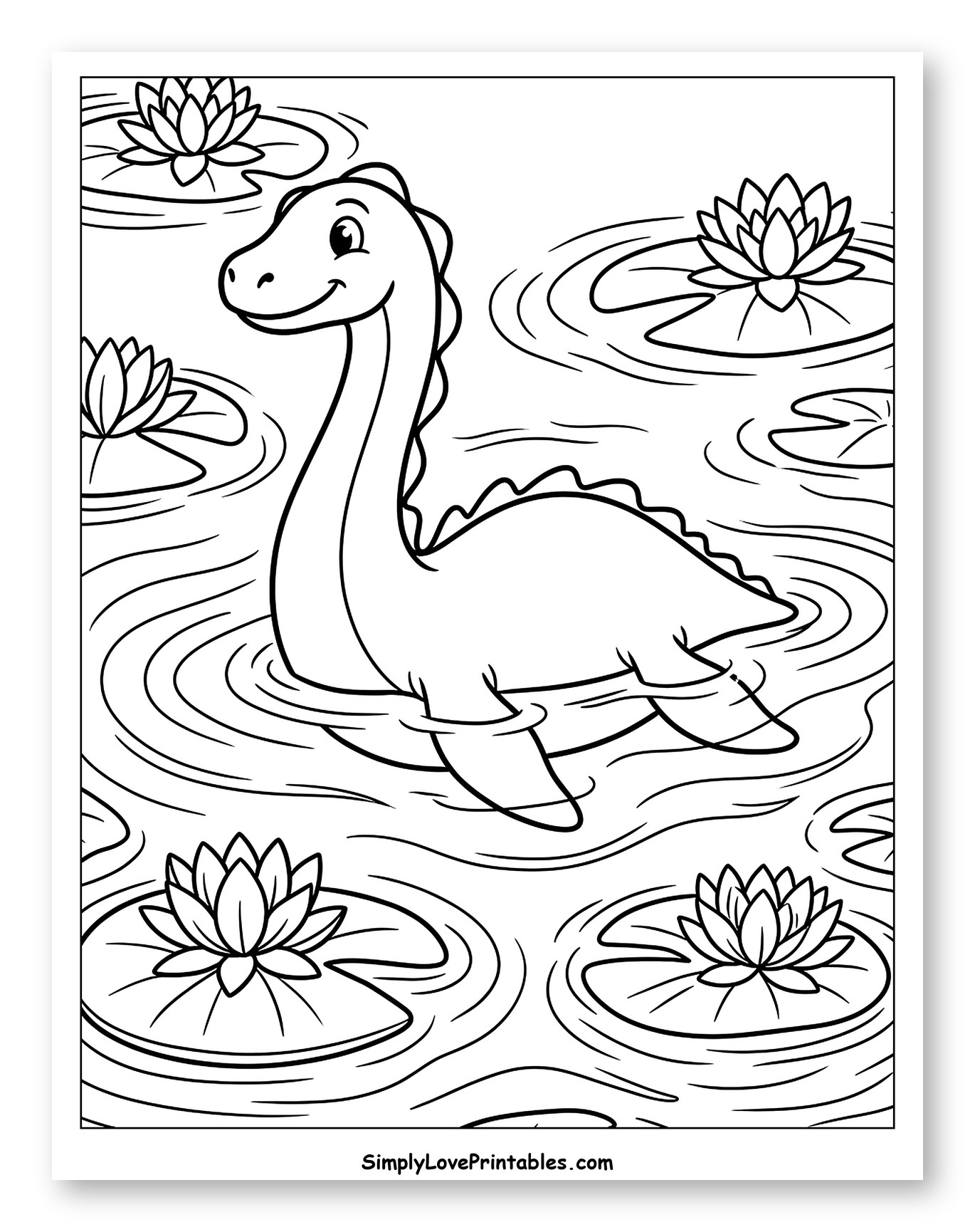 Cute Nessie Swimming Among Water Lilies