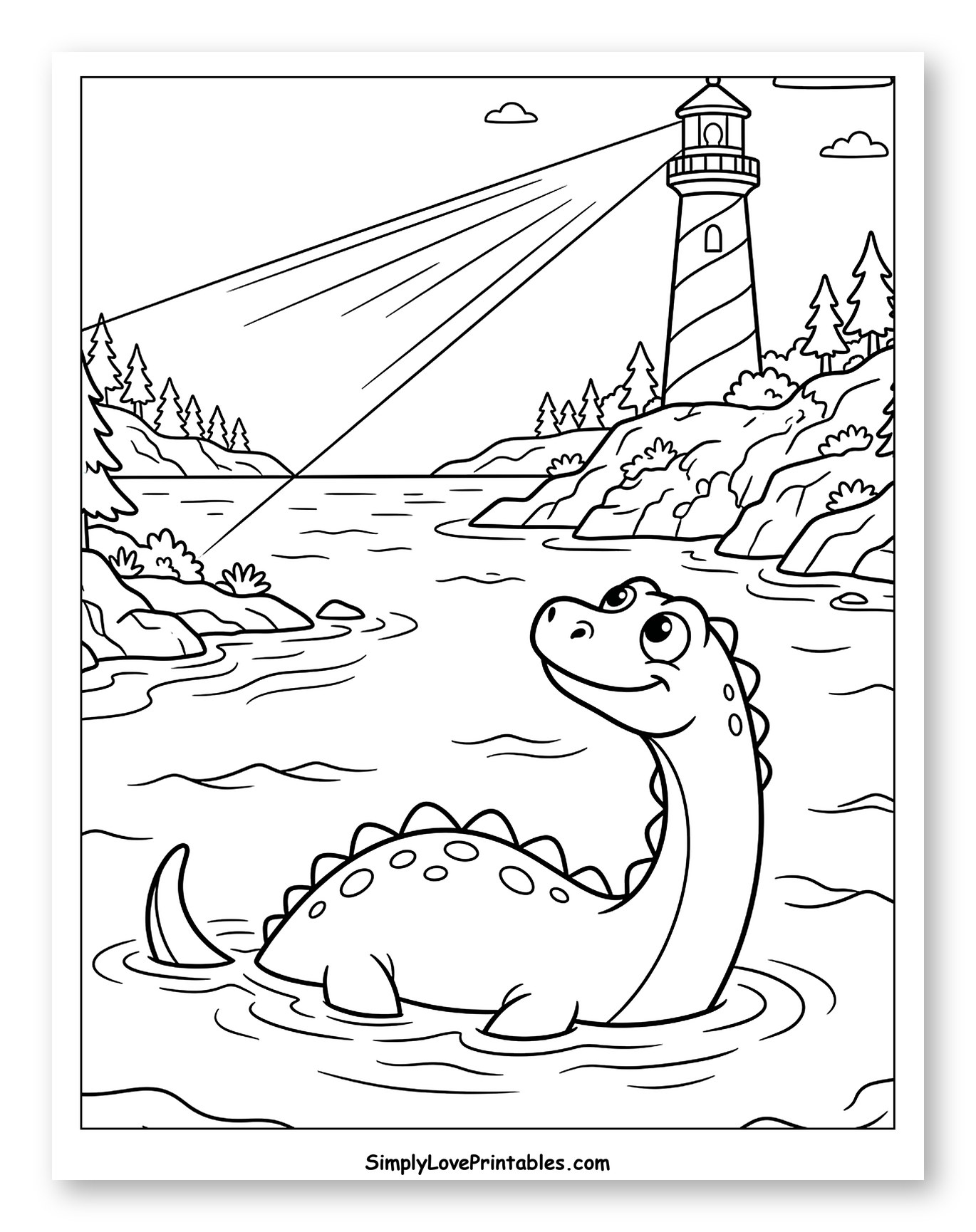 Cute Nessie Swimming by a Lighthouse