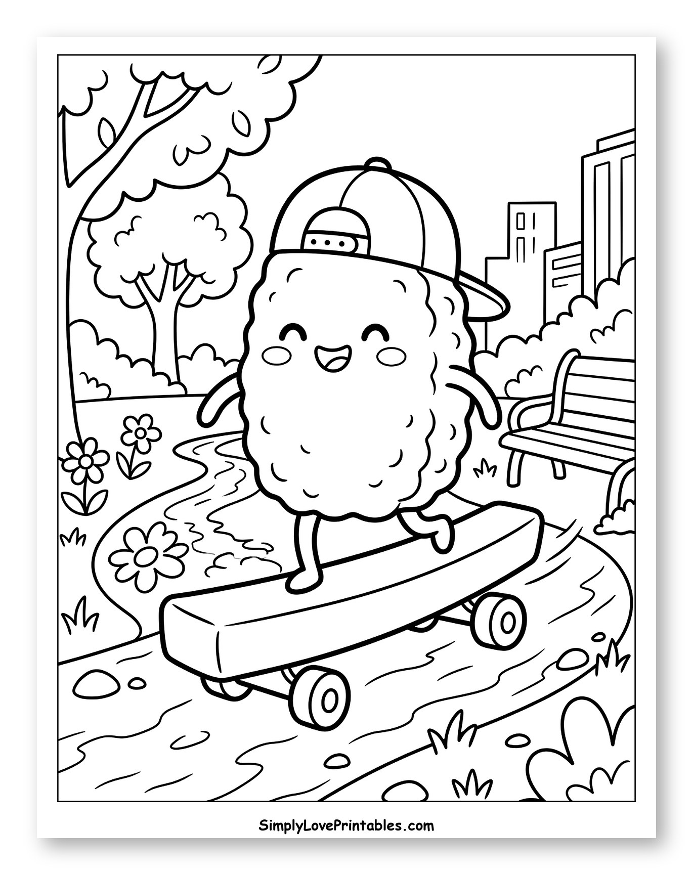 Cute Nugget Character Skateboarding in Park to Color for Kids