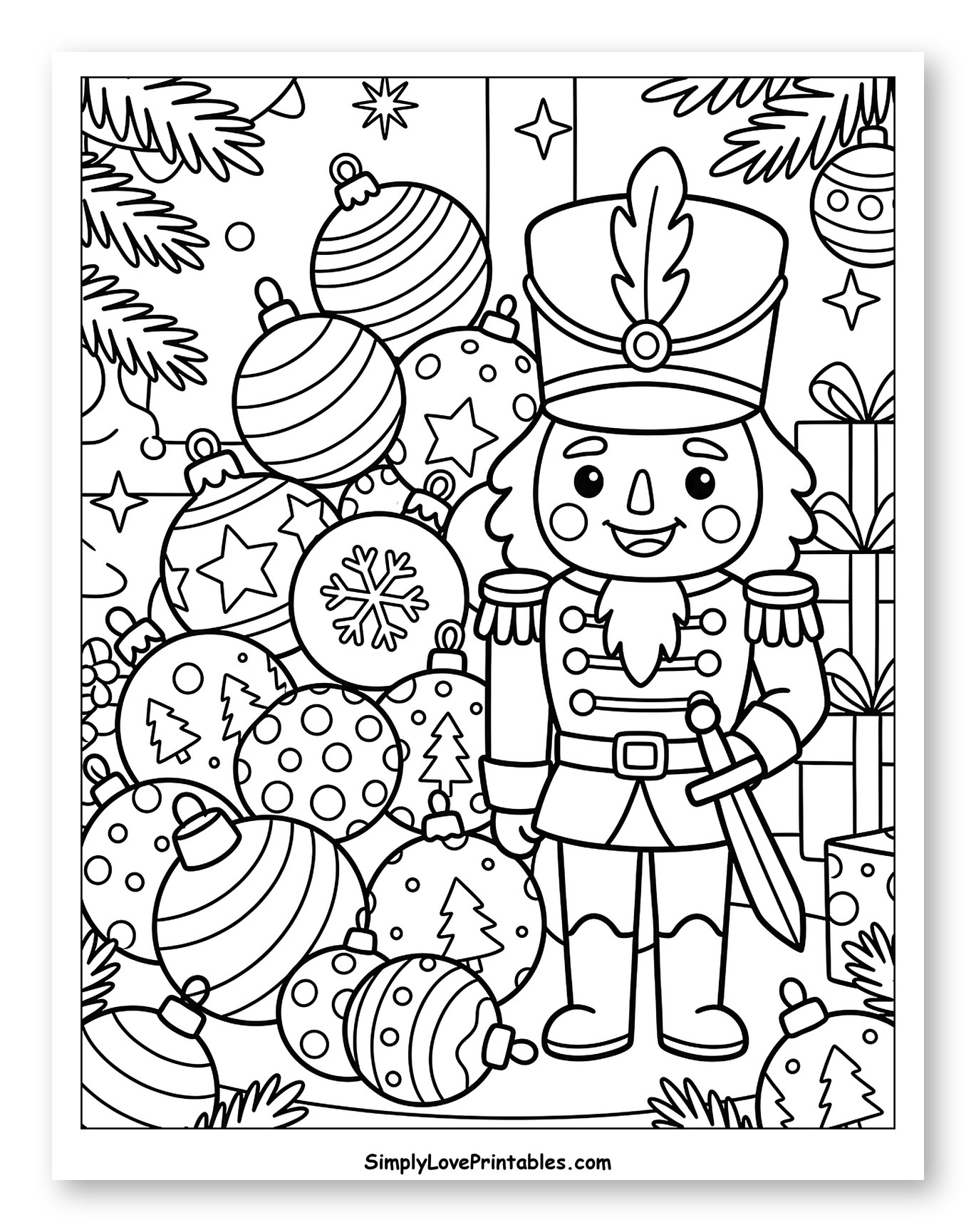 Cute Nutcracker and Christmas Ornaments Coloring Page for Kids
