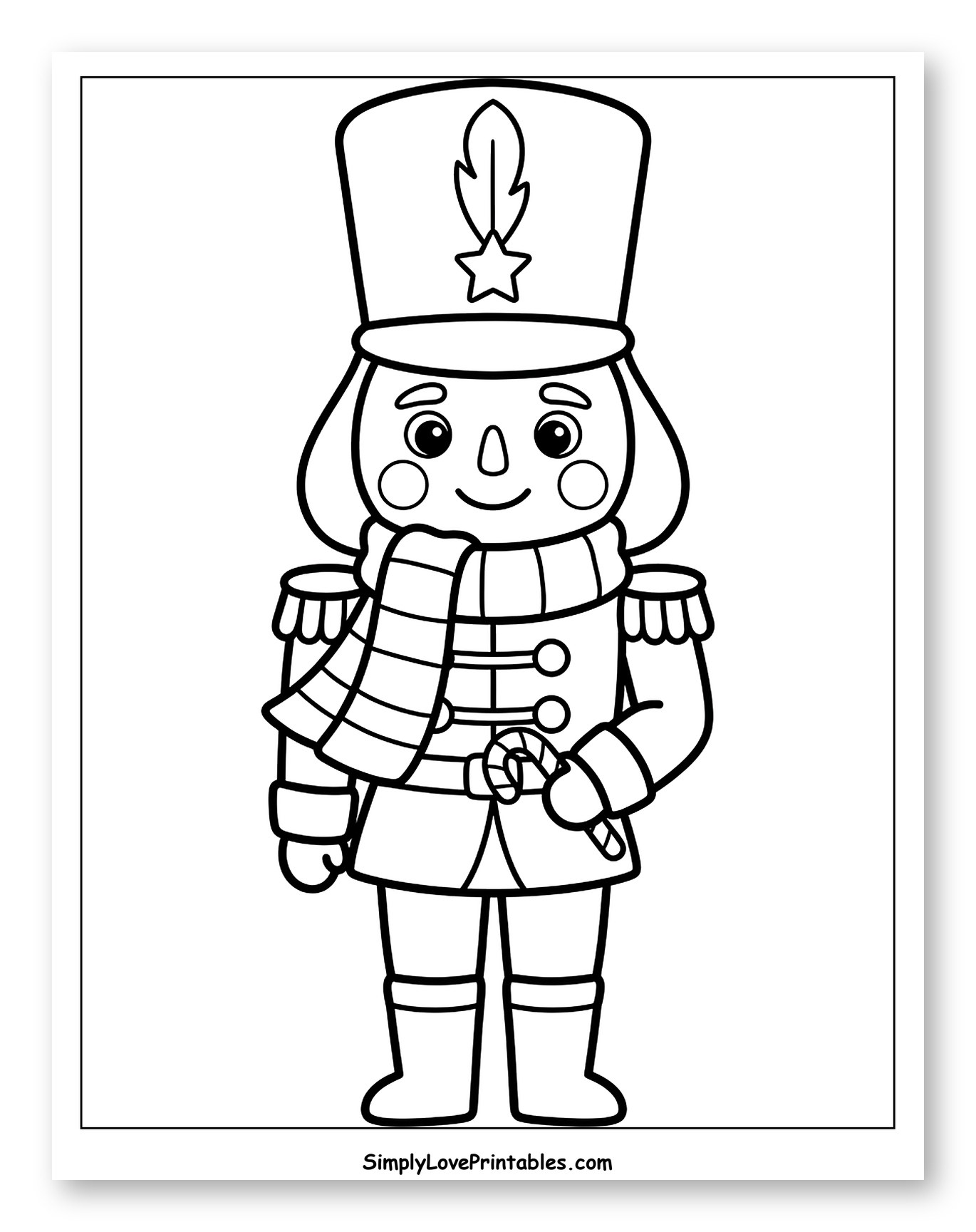 Cute Nutcracker Soldier Holding a Candy Cane Coloring Sheet for Toddlers