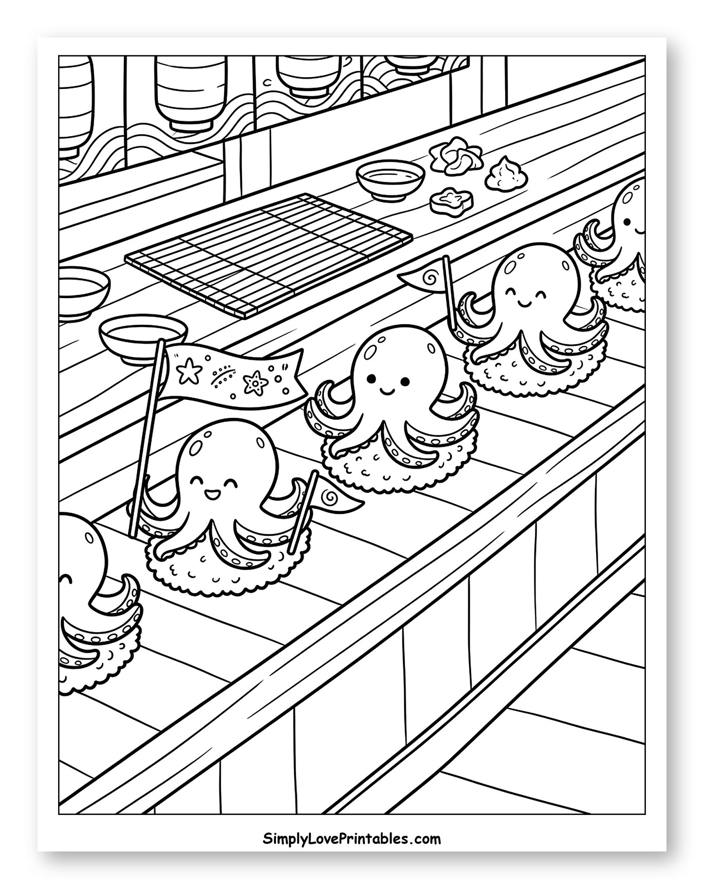 Cute Octopuses on a Sushi Conveyor Belt Coloring Page for Kids