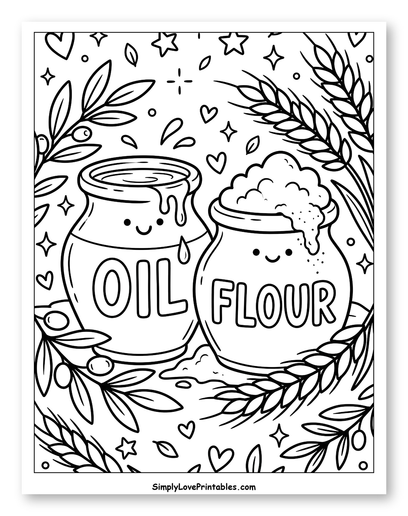Cute Oil and Flour Pots with Wheat and Olives to Color for Adults