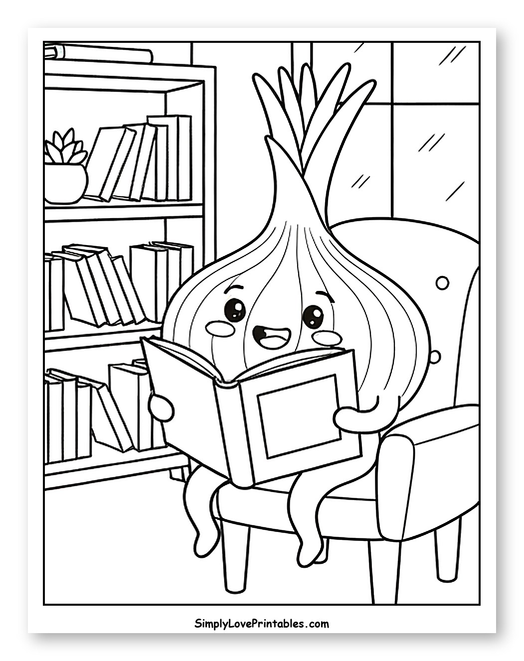 Cute Onion Reading a Book in an Armchair to Color for Kids