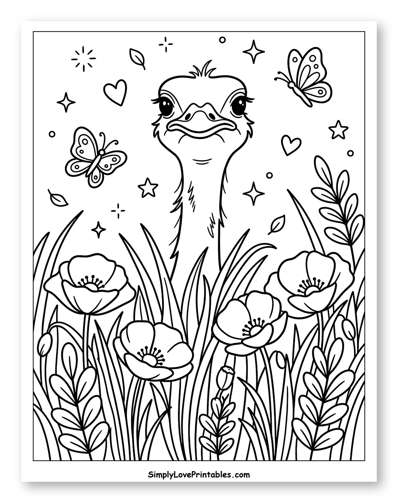 Cute Ostrich in a Poppy Field with Butterflies Coloring Page for Adults