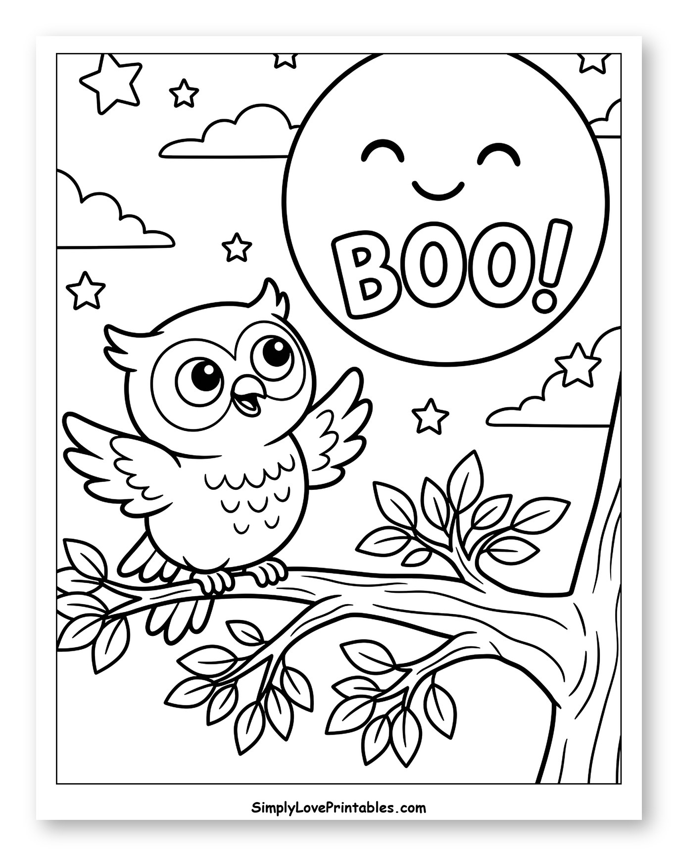 Cute Owl and Happy Moon Saying Boo