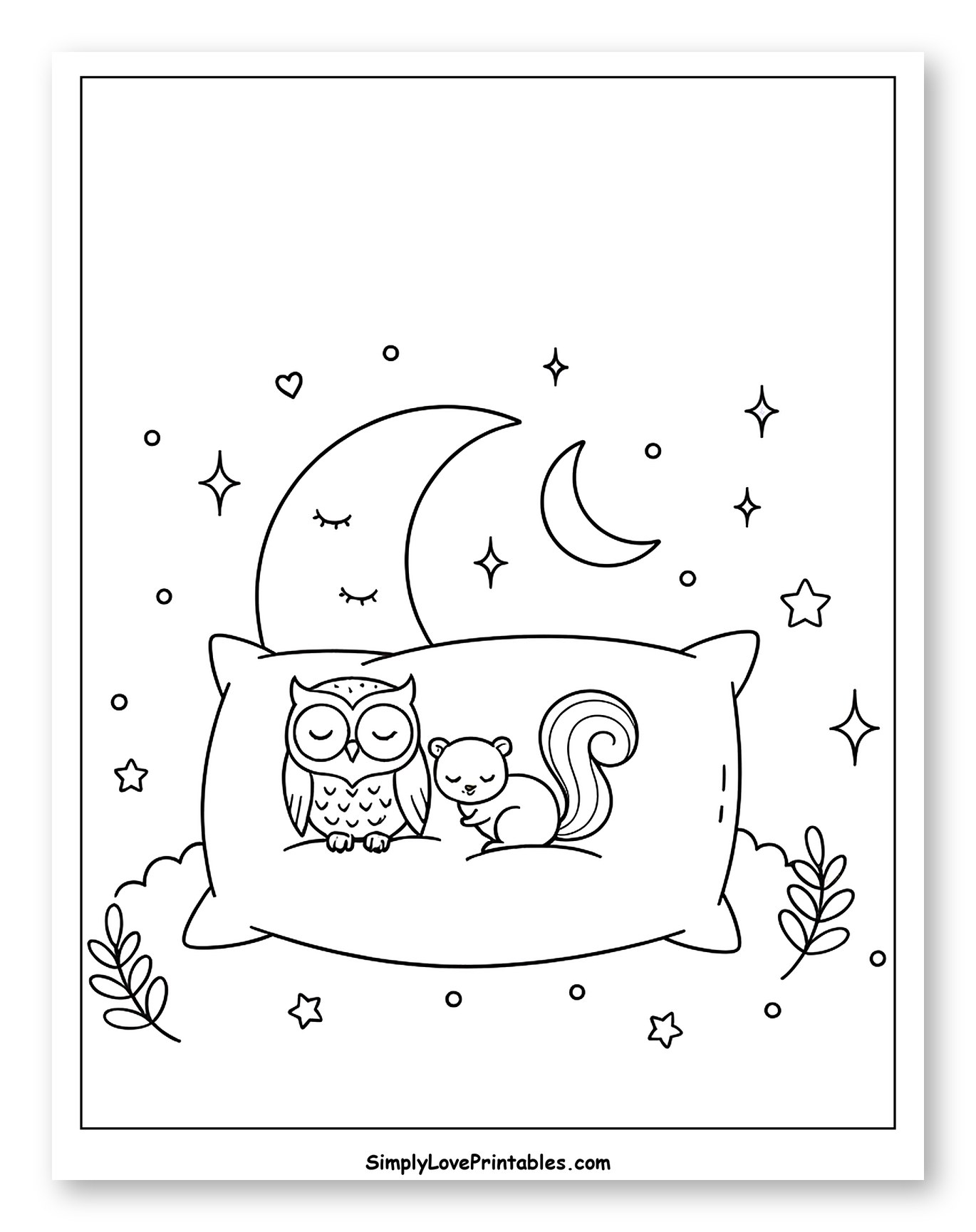 Cute Owl and Squirrel Sleeping on a Pillow to Color for Adults
